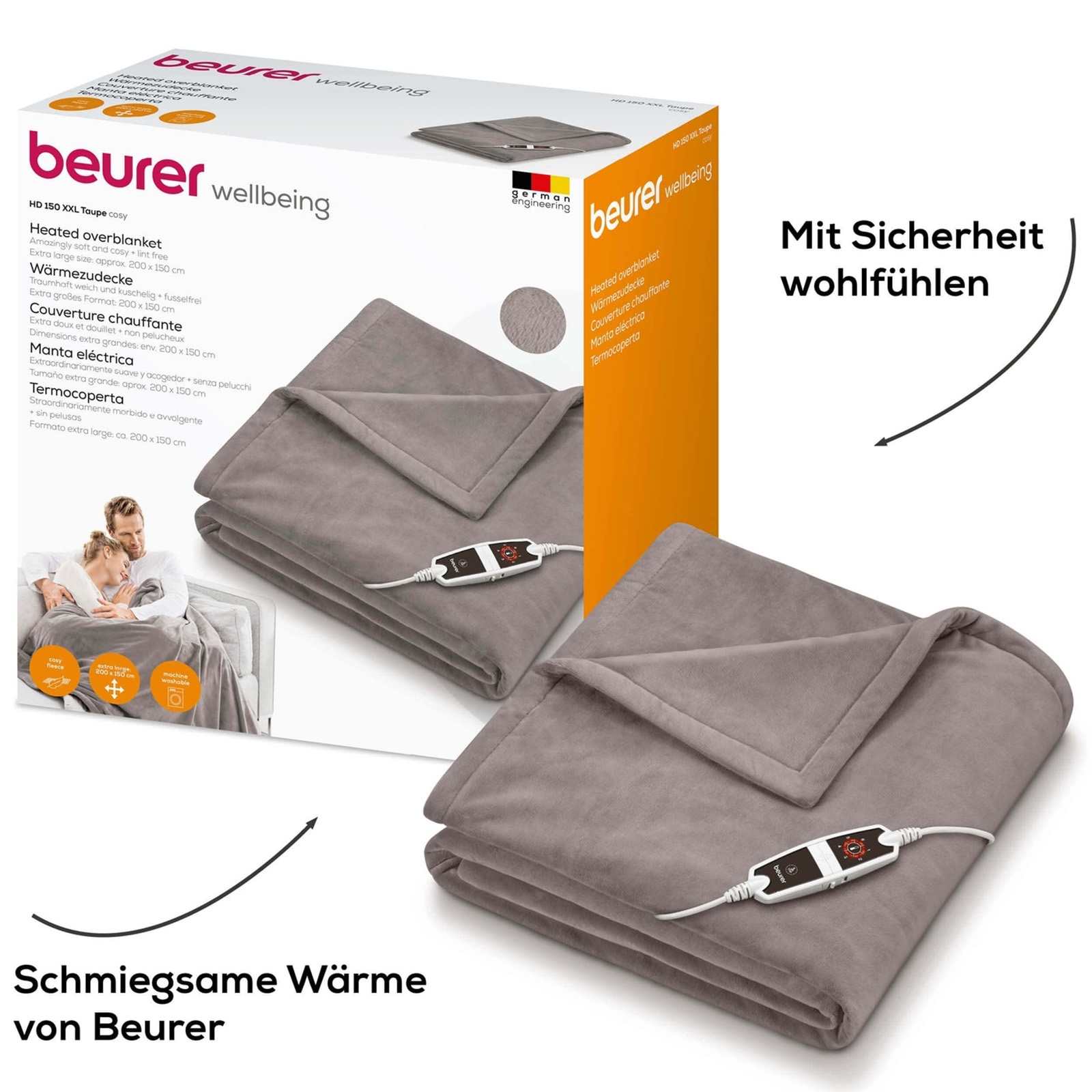 A gray heated overblanket with remote control, and a box with text. In the background, two blankets.