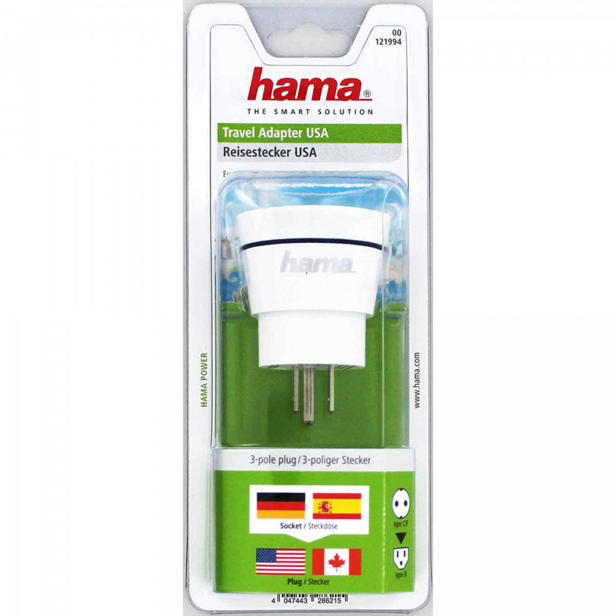 Weißer Reiseadapter mit Stecker und Flaggen. Der Hintergrund ist weiß.