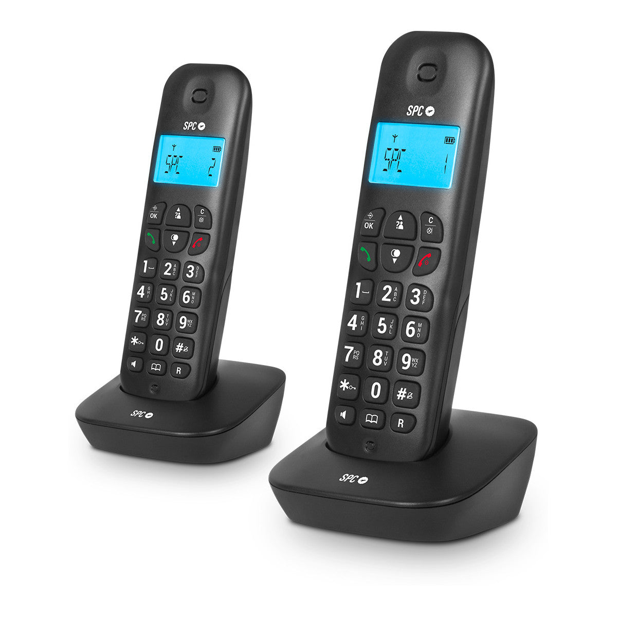 Due telefoni cordless SPC neri con basi, che mostrano display e pulsanti.
