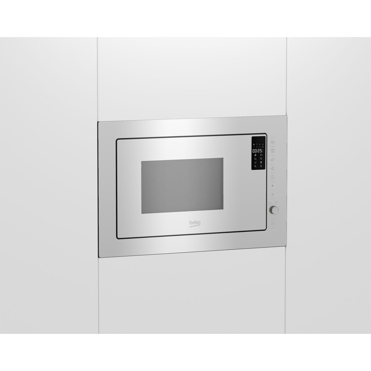 Silver built-in microwave oven embedded in white cabinets with a digital display.