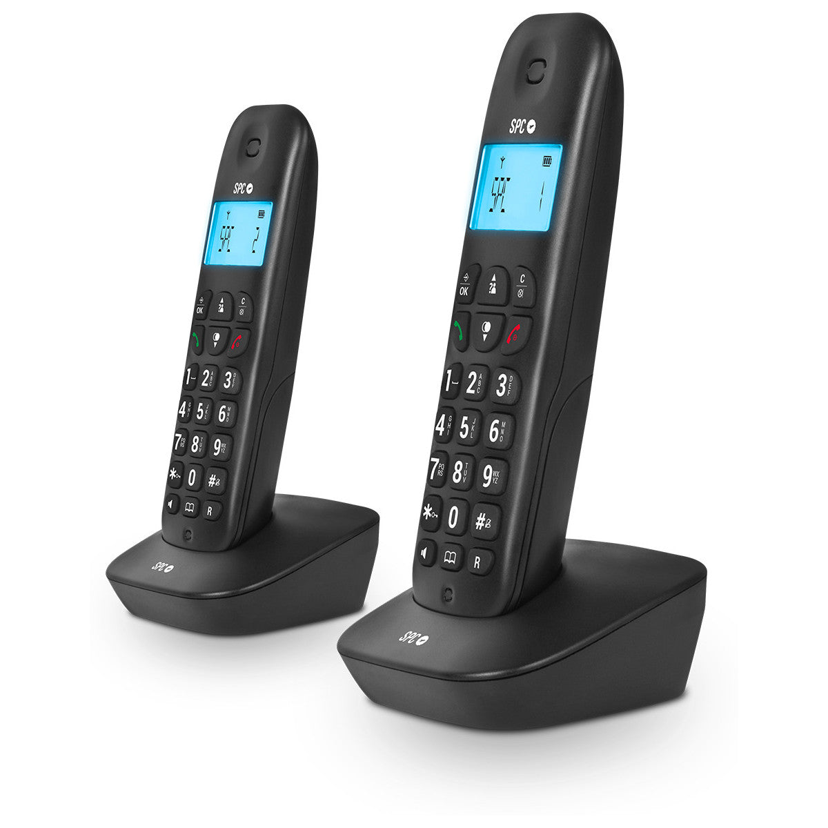 Due telefoni cordless SPC neri con le loro basi di ricarica. Gli schermi sono blu.