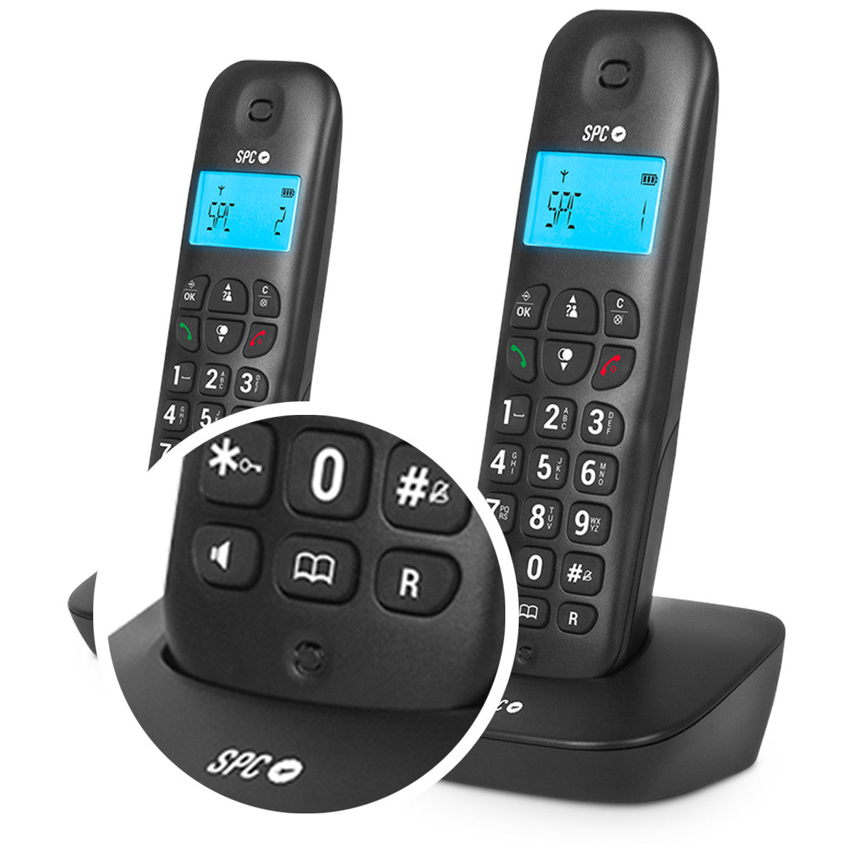 Due telefoni cordless neri con schermi blu. Uno è nella sua base.