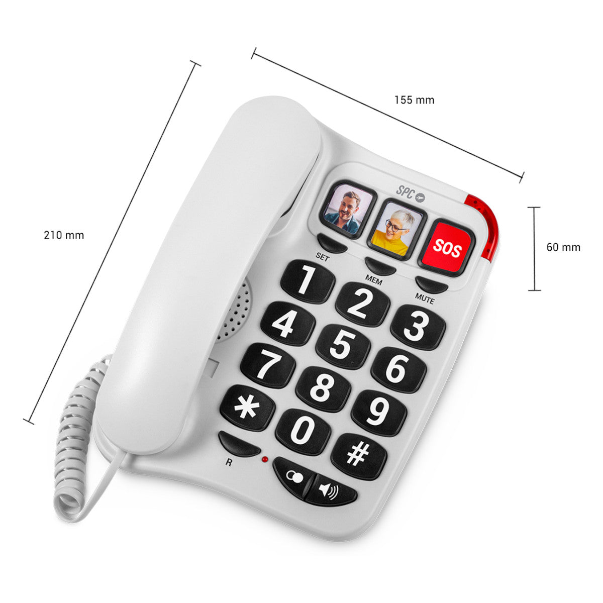 Telefono bianco con tasti grandi e pulsante SOS, con dimensioni in mm.