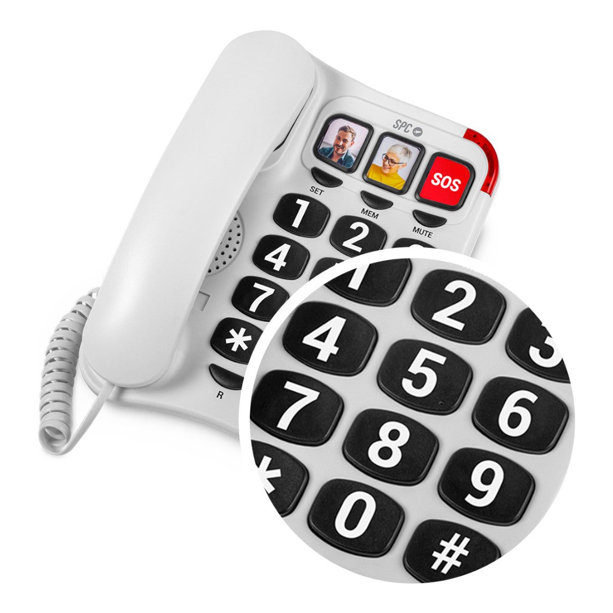 Un telefono fisso bianco con tasti grandi. Un primo piano mostra i tasti numerati.