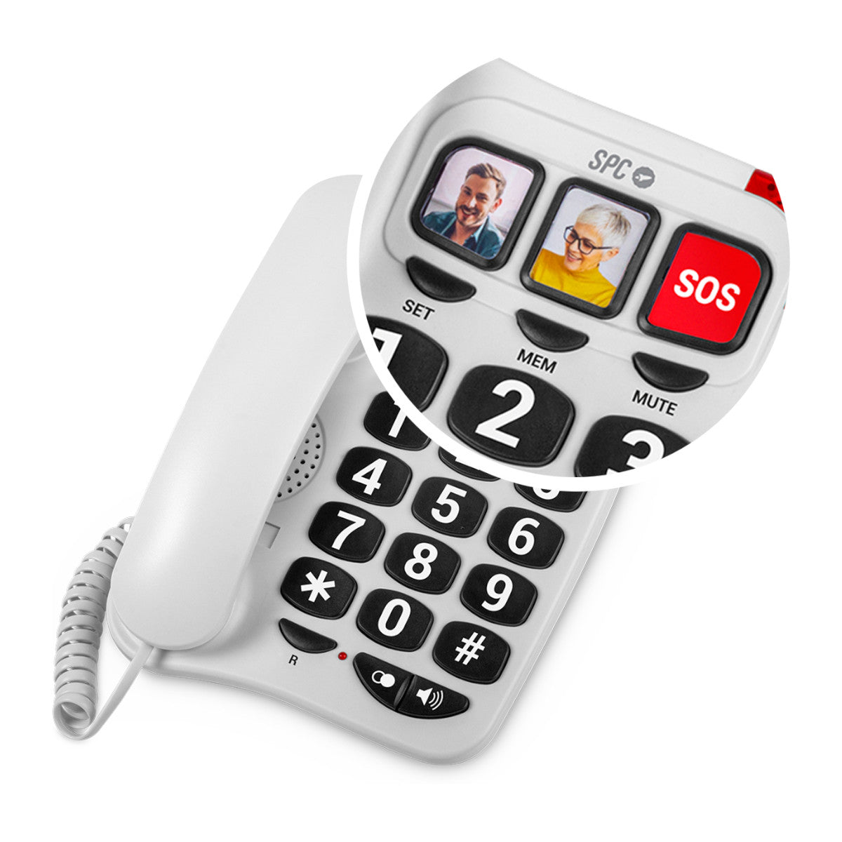 Telefono bianco con pulsanti grandi, incluso un pulsante SOS. Sono visibili anche due pulsanti foto.