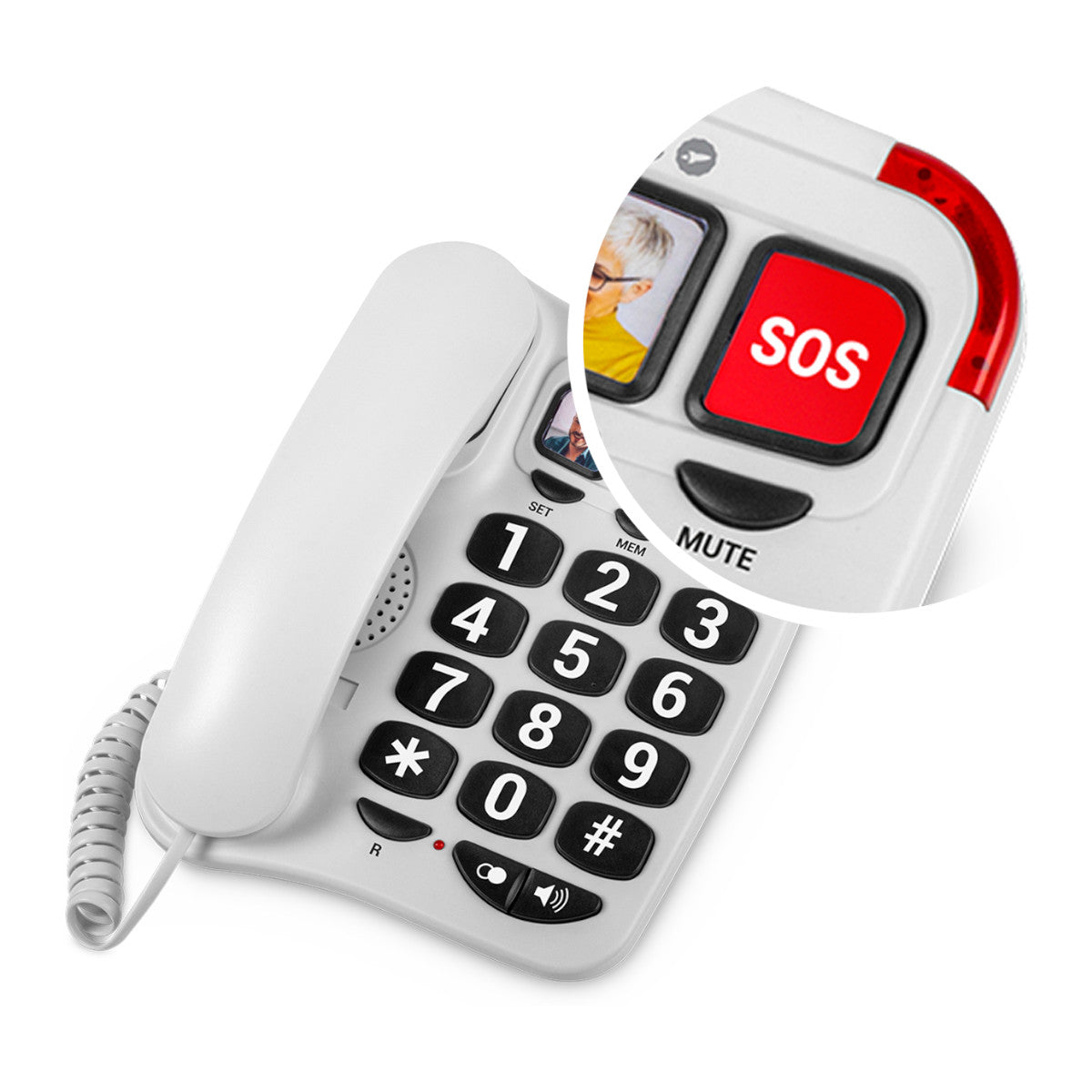 Un telefono bianco con pulsanti grandi. Un pulsante SOS è evidenziato in primo piano.