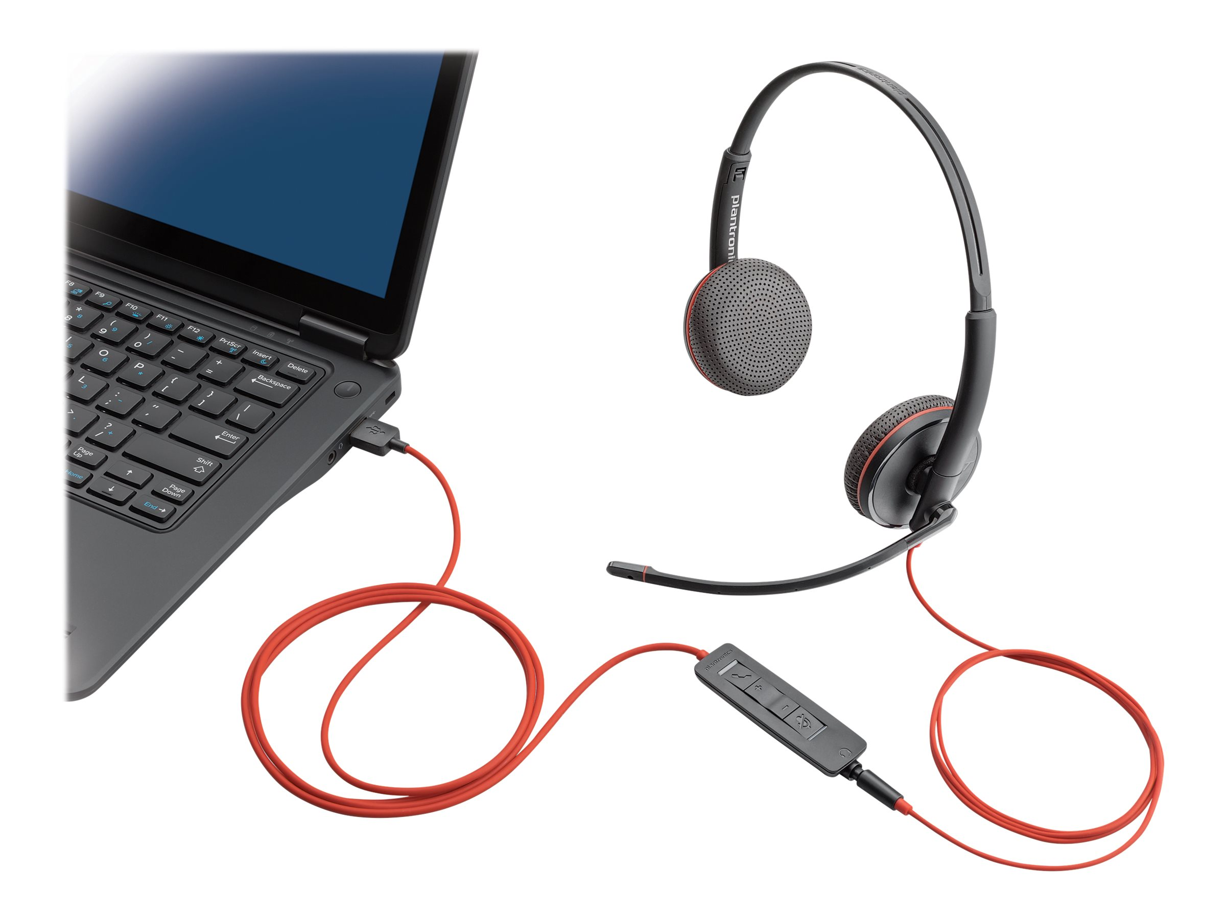 Czarny i czerwony zestaw słuchawkowy Plantronics podłączony do laptopa. Kabel USB, mikrofon i kontrolery liniowe.