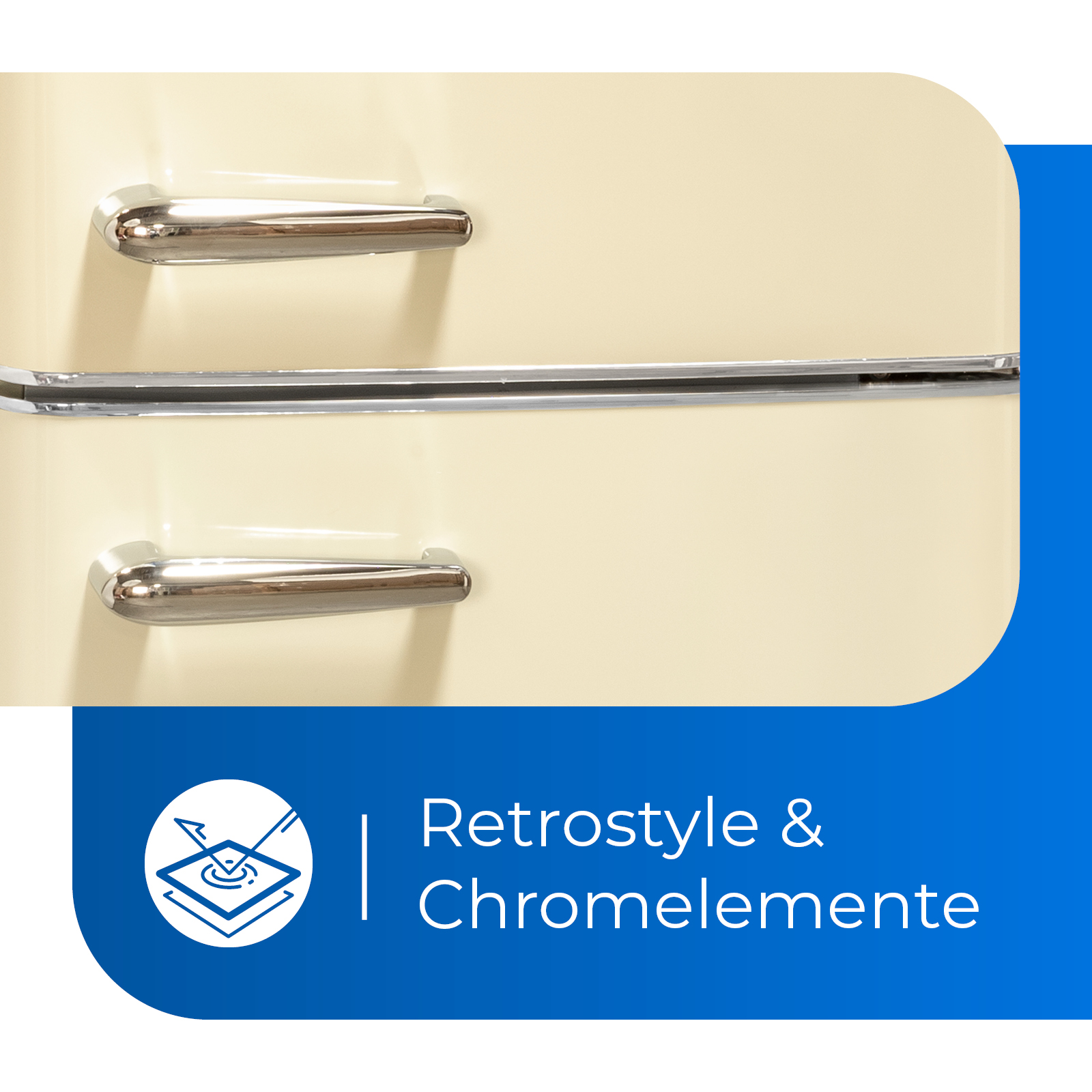 Refrigerador color crema con manijas cromadas. Cuadro de texto azul muestra estilo retro y elementos cromados.