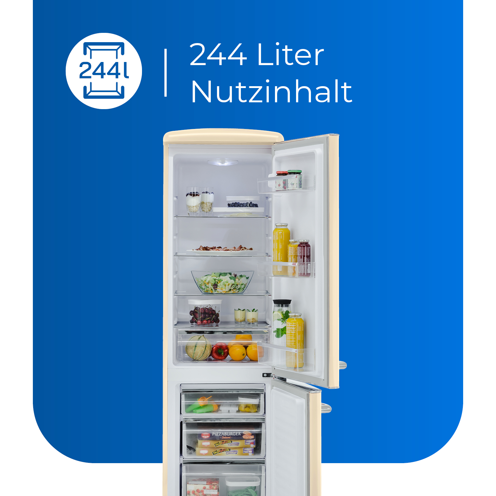 Refrigerador retro beige, abierto, mostrando estantes con comida. Una etiqueta dice 244 Litros.