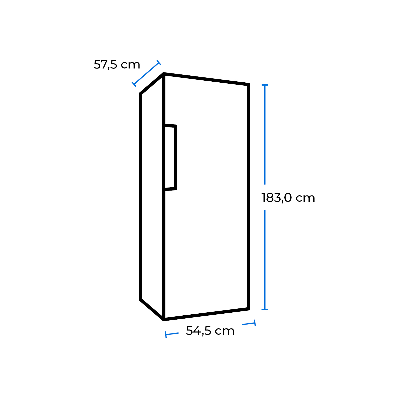 Diagrama de un refrigerador blanco con dimensiones: 57,5 cm x 183,0 cm x 54,5 cm.