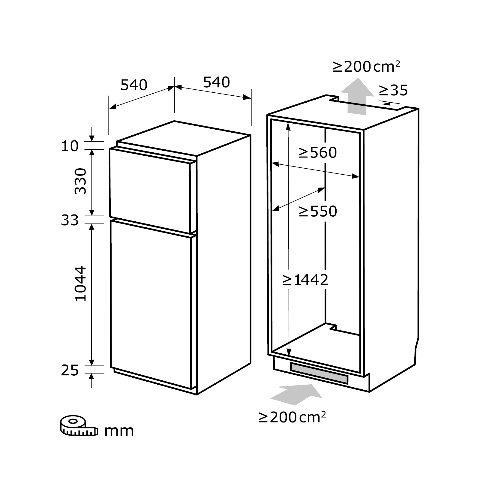 Ein Kühlschrank und ein Schrank, beide weiß, mit Maßen. Der Kühlschrank hat zwei Türen.