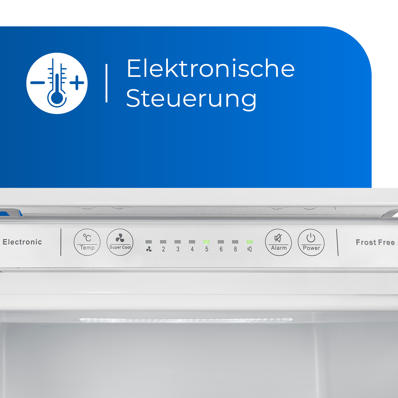 Kühlschrank-Bedienfeld mit elektronischen Einstellungen und Temperaturanzeige.