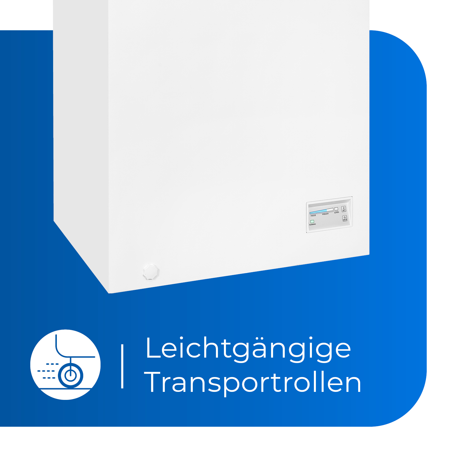 Weißer Truhen-Gefrierschrank mit Bedienfeld. Blaue Grafik mit dem Text: Leichtgängige Transportrollen.