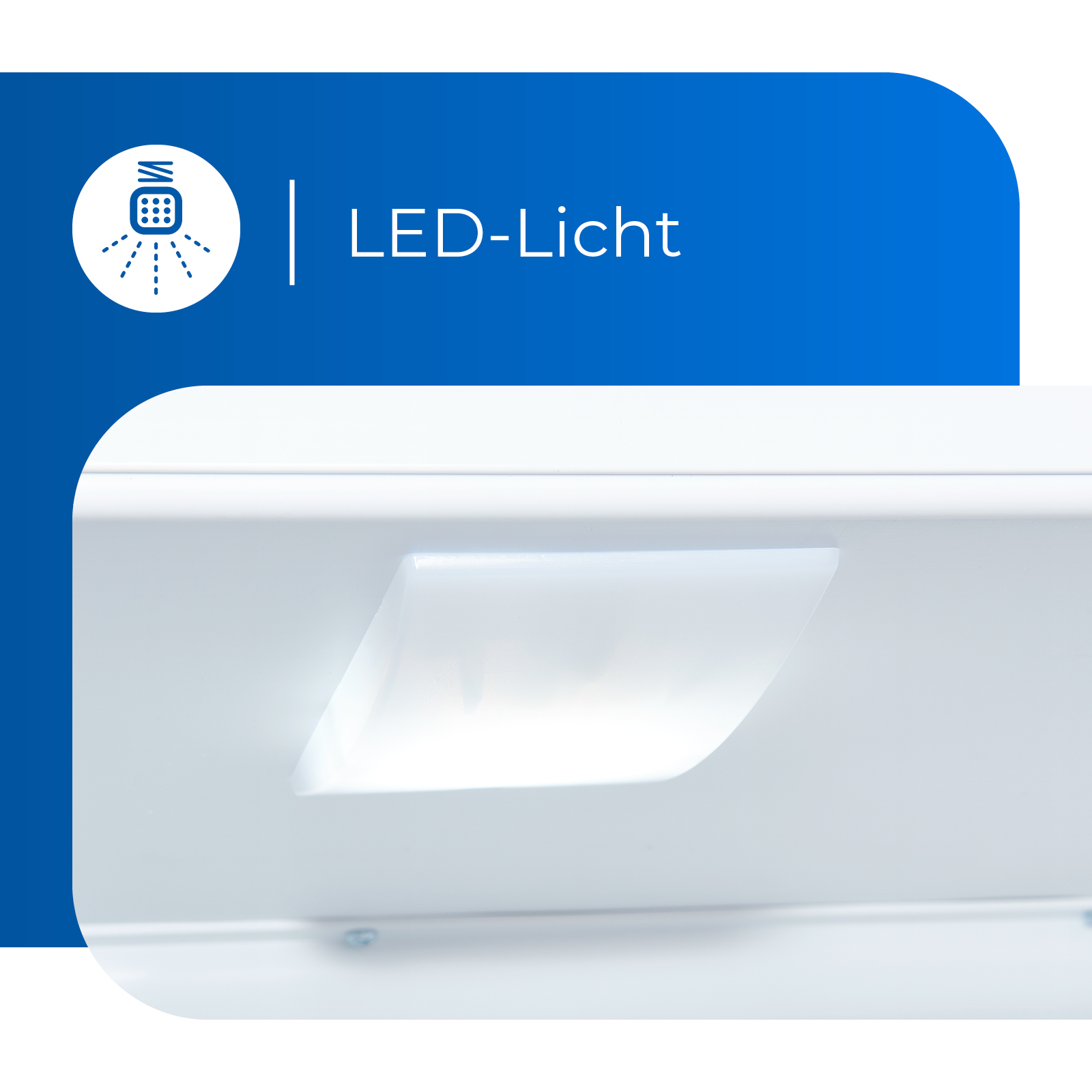 Weiße Oberfläche mit hellem LED-Licht. Das Licht hat eine rechteckige Form.