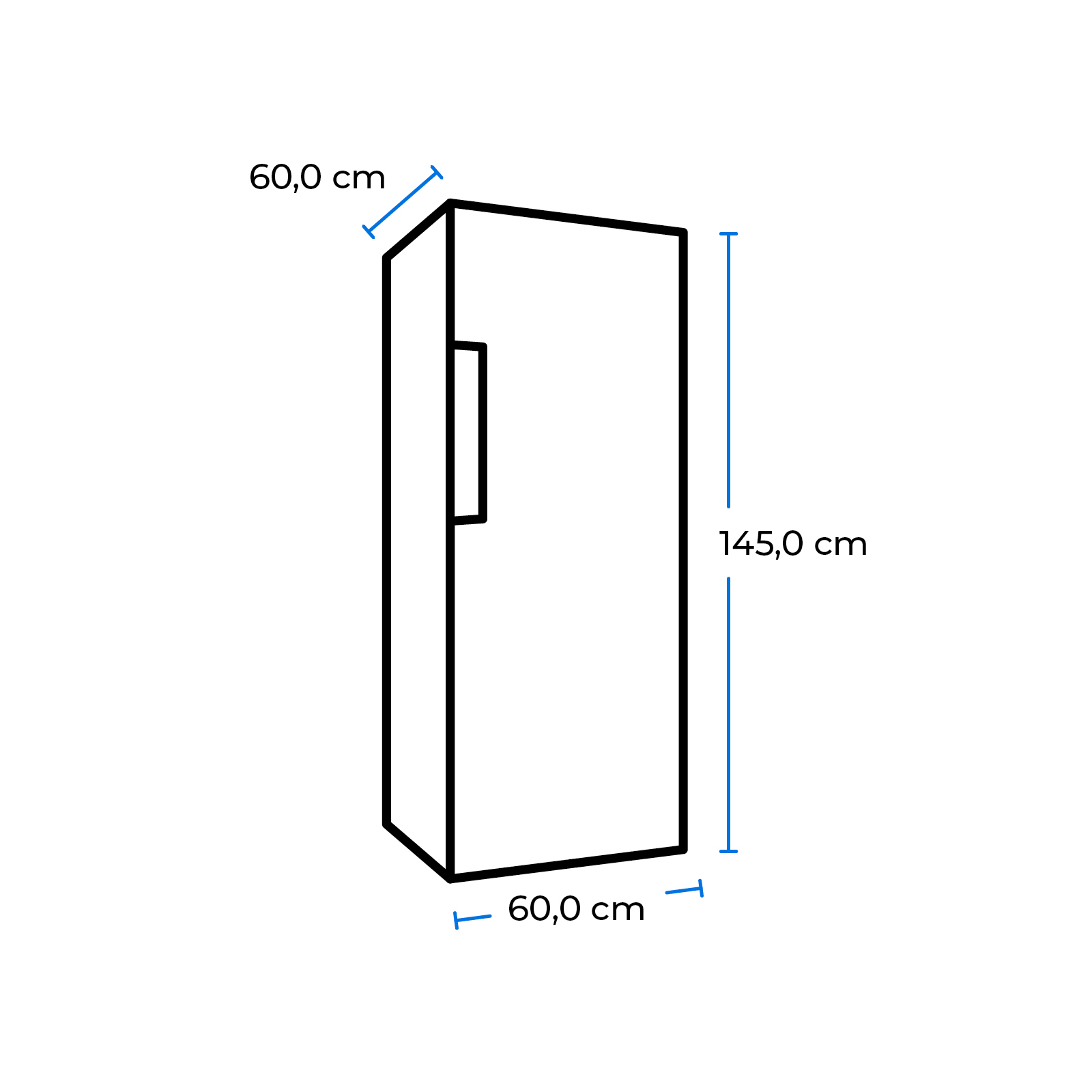 Diagramm eines Kühlschranks. Abmessungen: 60 cm x 60 cm x 145 cm. Schwarze Linien auf weißem Hintergrund.