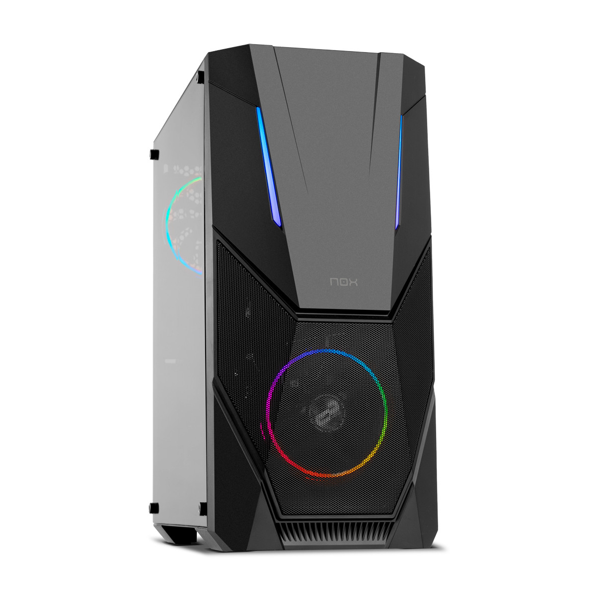 Carcasa de computadora negra con panel lateral de vidrio, iluminada con luces RGB.