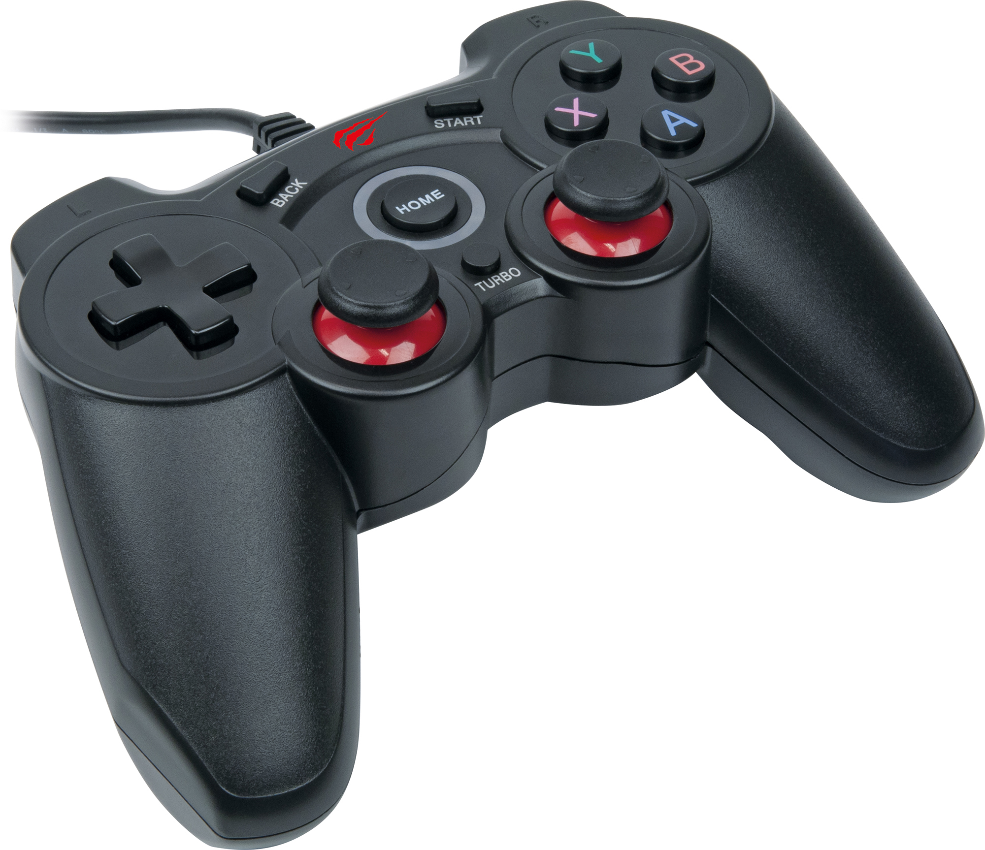 Schwarzes Gamepad mit roten Knöpfen, Start-, Home- und Turbo-Tasten und einem Kabel.