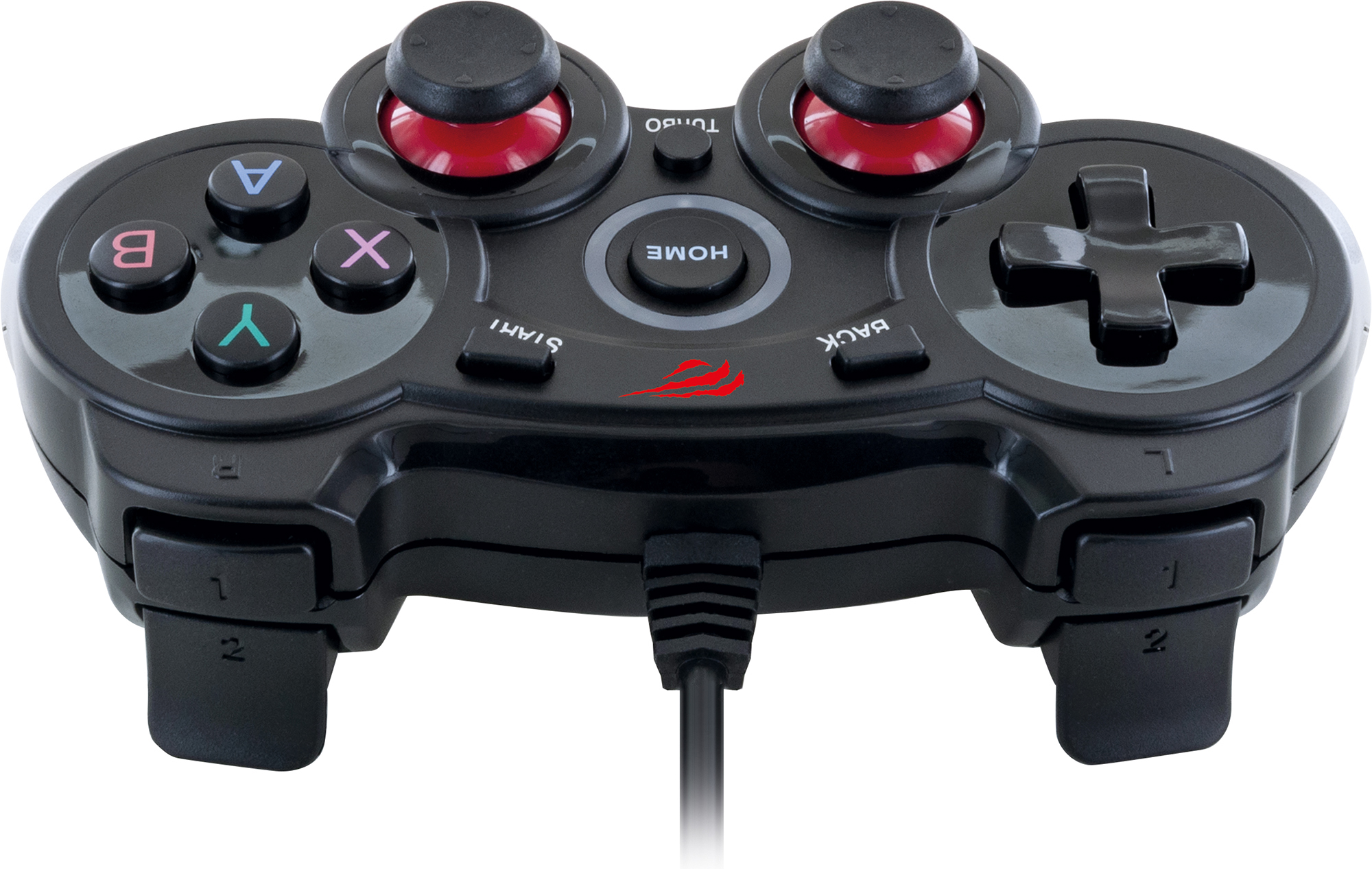 Schwarzer Gamecontroller mit vielen Knöpfen. Rote Joysticks, Steuerkreuz und Kabelanschluss.