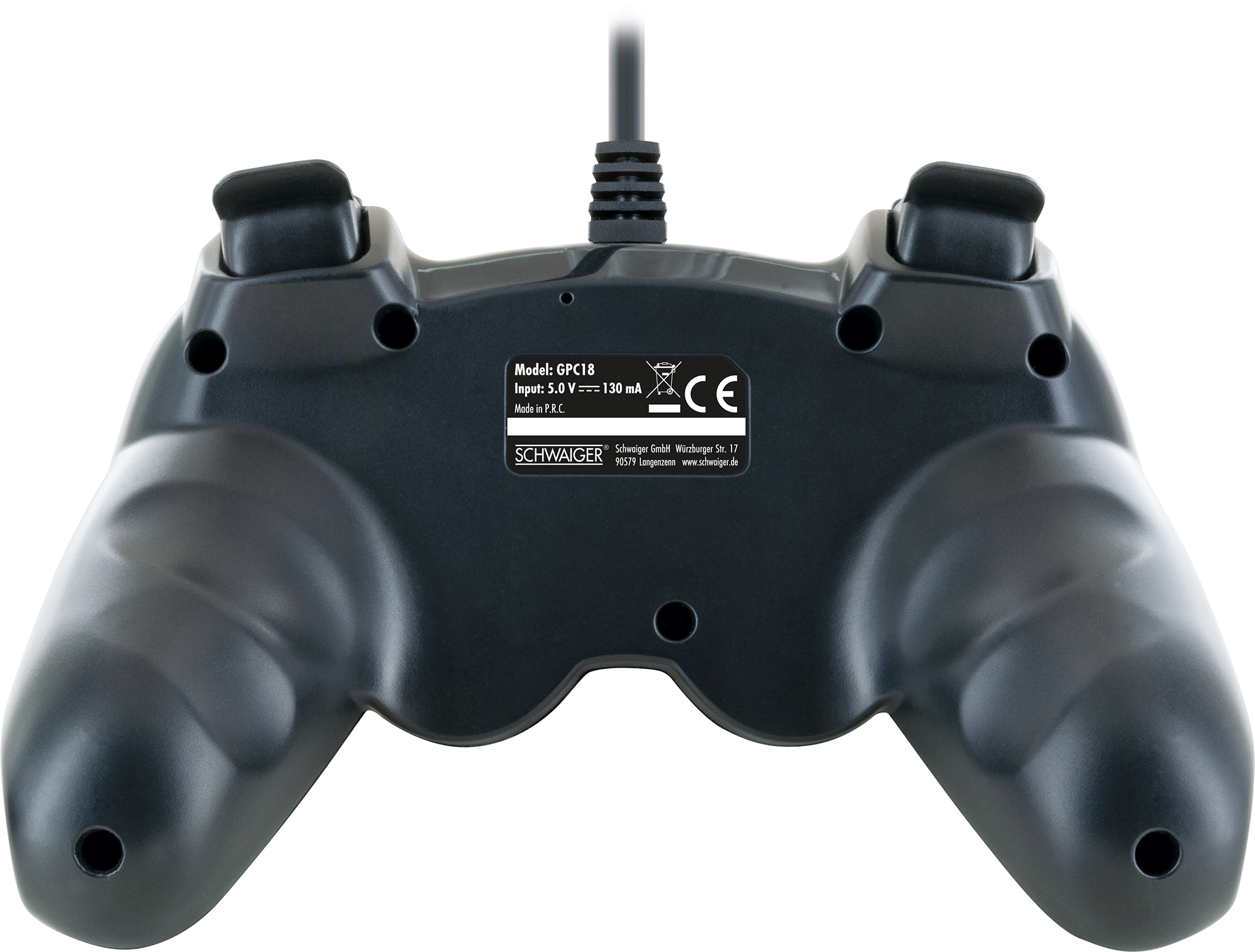 Ein schwarzer Gamecontroller, von hinten gesehen, mit Modell- und Herstellerangaben.
