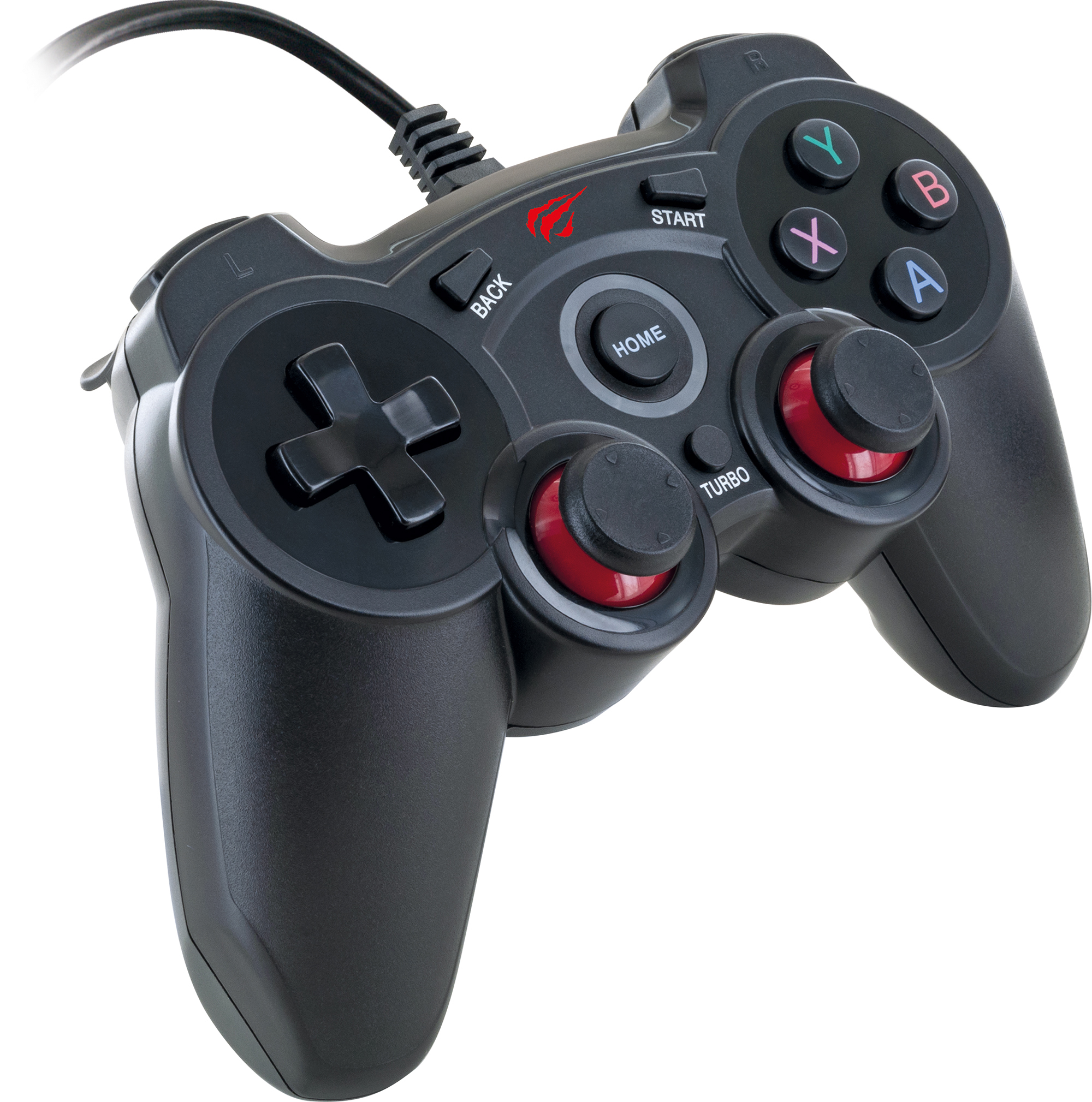 Schwarzes Gamepad mit Knöpfen, Steuerkreuz und roten Turbo-Tasten, mit Kabel.