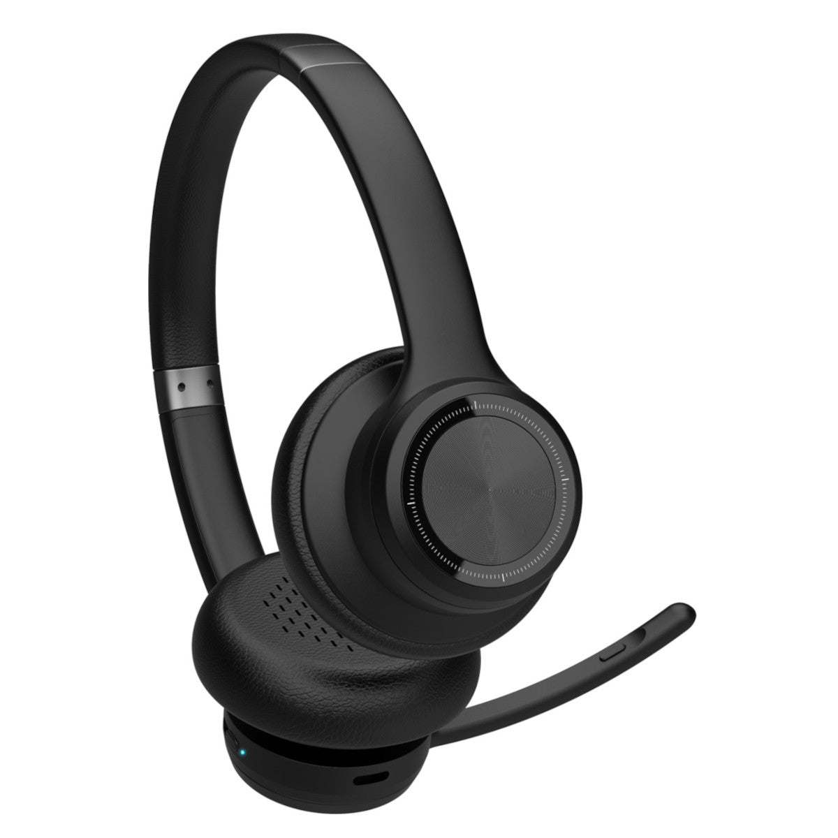 Cuffie nere over-ear con microfono, su sfondo bianco.