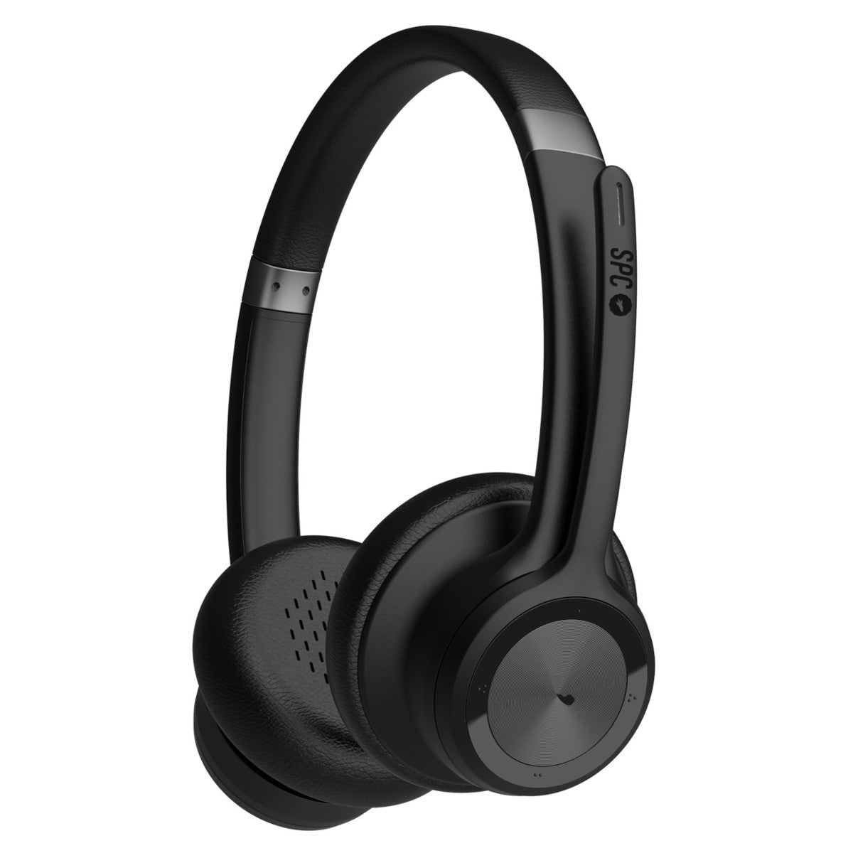 Cuffie over-ear nere. Sul padiglione destro c'è il logo SPC. L'archetto è arcuato.