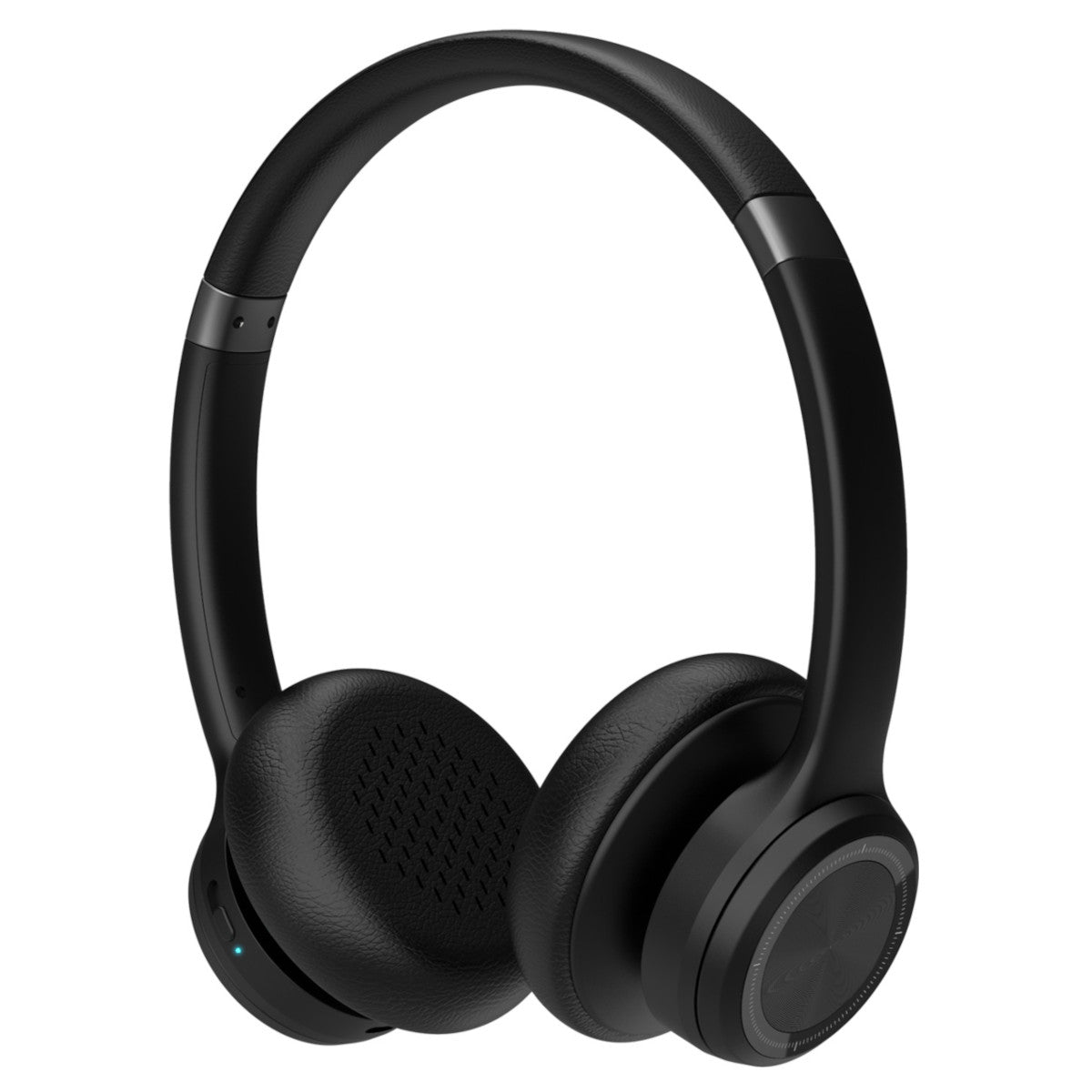 Cuffie over-ear nere. Fascia e padiglioni regolabili. Spia di alimentazione blu.