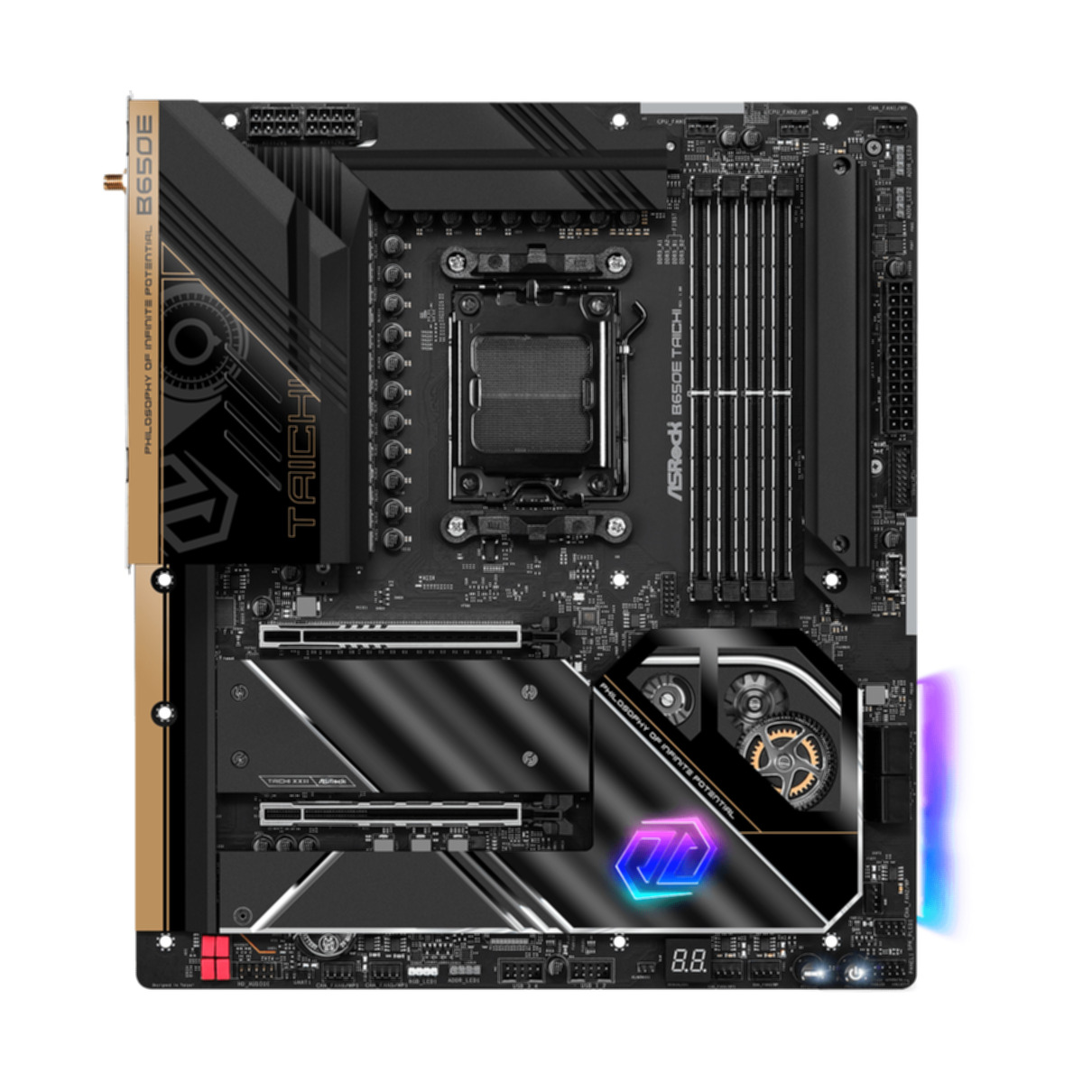 Scheda madre ASRock nera e oro con vari componenti e luci a LED.