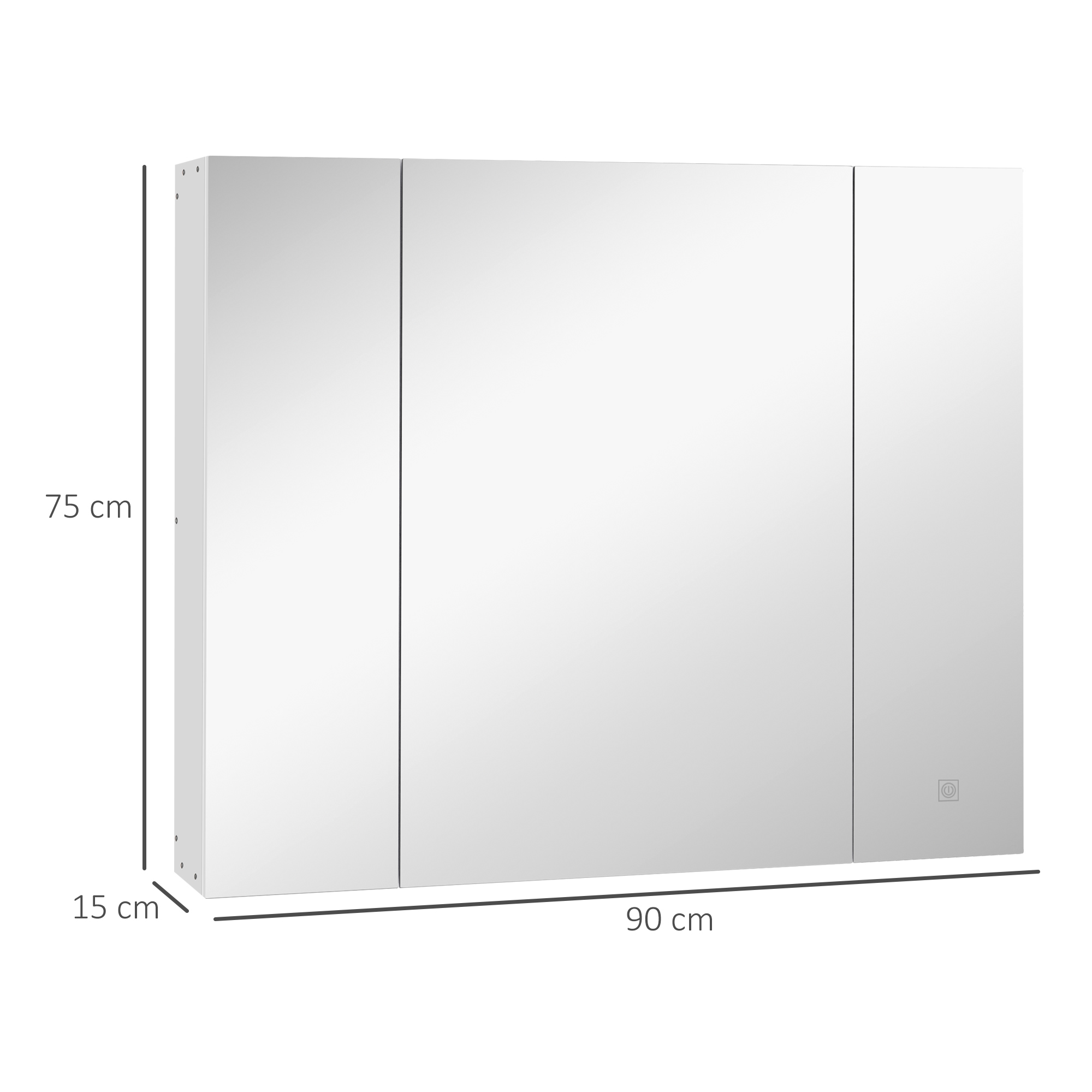Un armario de espejo blanco de tres puertas de 90x75x15 cm.