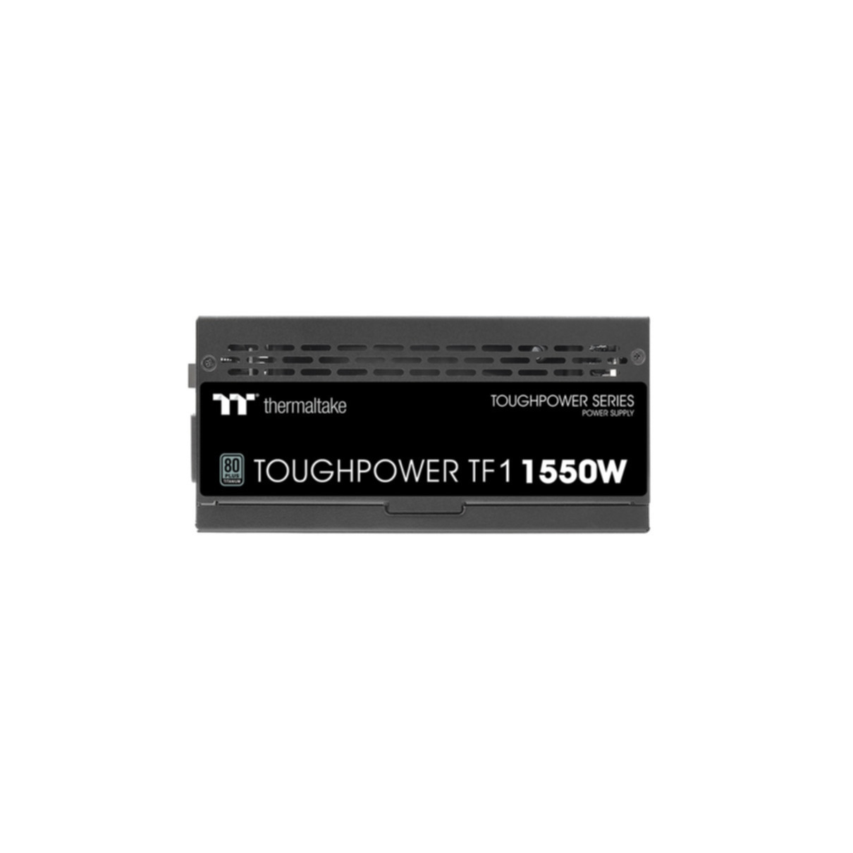 Czarny zasilacz Thermaltake Toughpower TF1 1550W na białym tle, z logo i specyfikacjami.