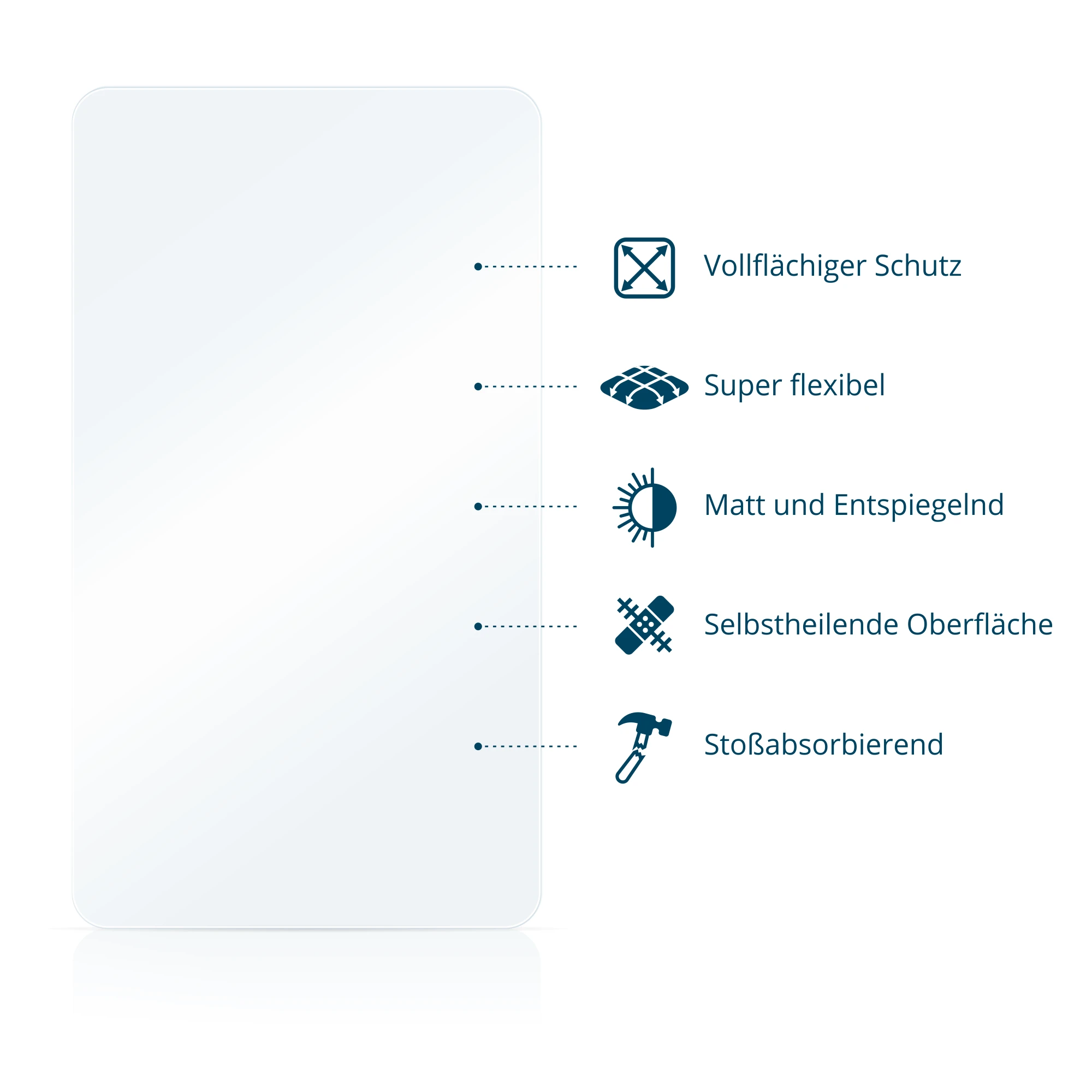 Transparenter Displayschutz mit Symbolen für Funktionen: Schutz, Flexibilität und Stoßabsorption.