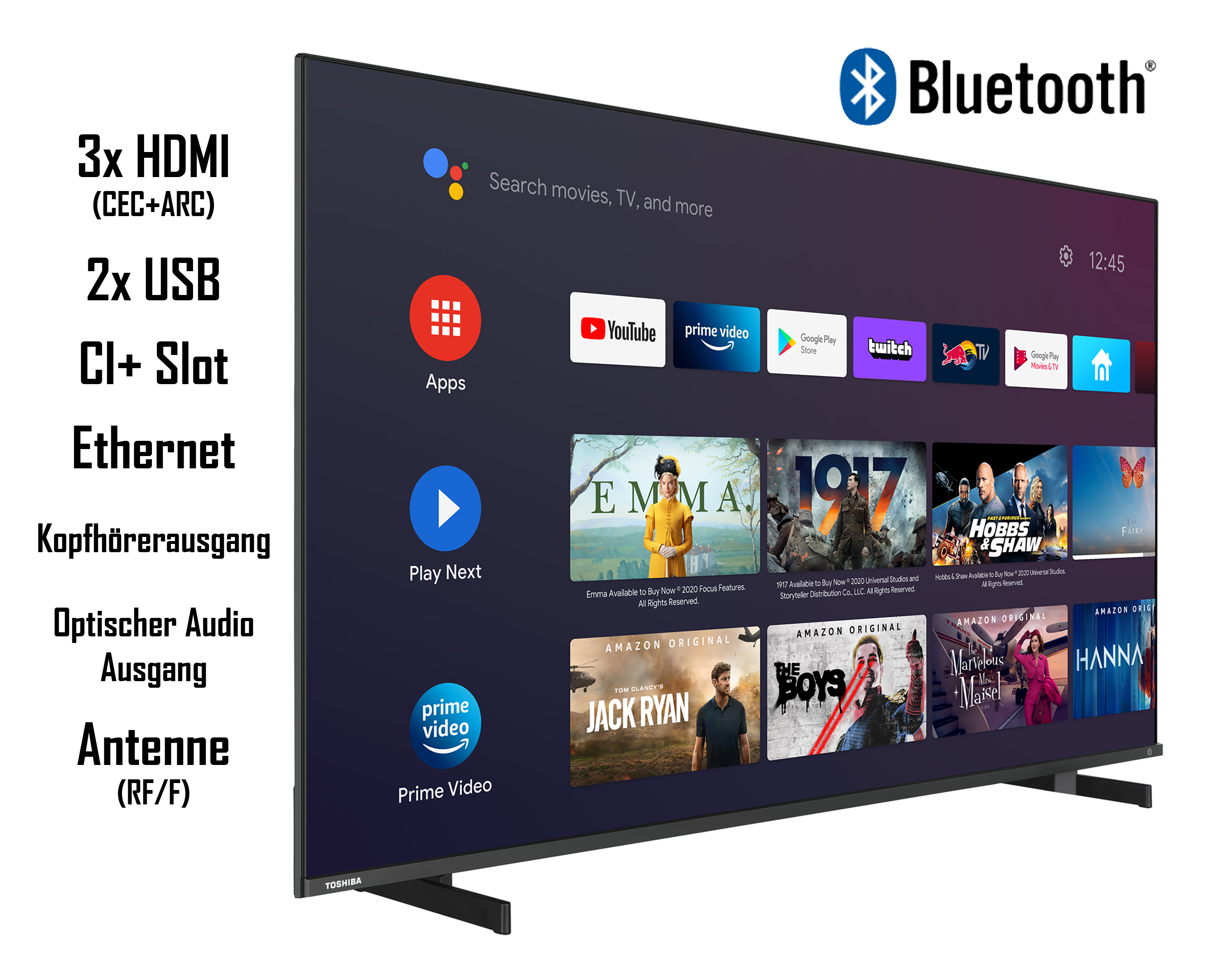 Ein Toshiba-Fernseher zeigt Apps und Streaming-Dienste. Der Fernseher hat zahlreiche Anschlüsse.