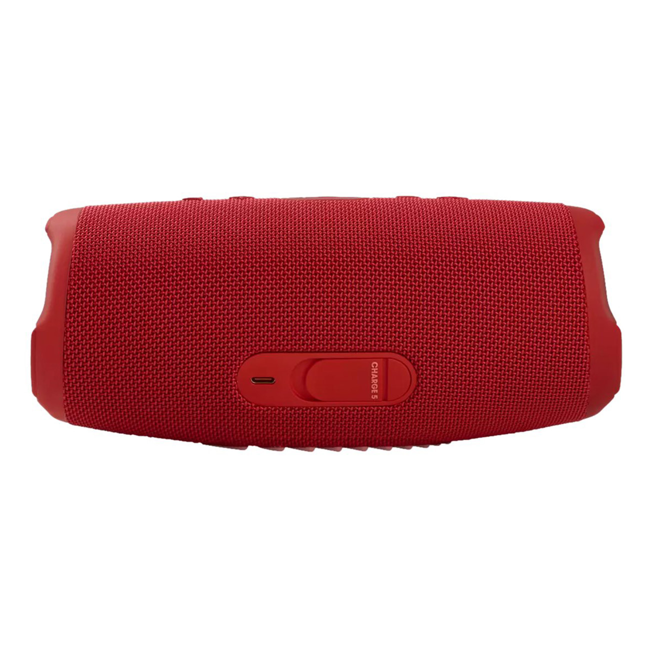 Czerwony prostokątny głośnik z materiałową osłoną i małym panelem. Widoczna etykieta Charge 5.