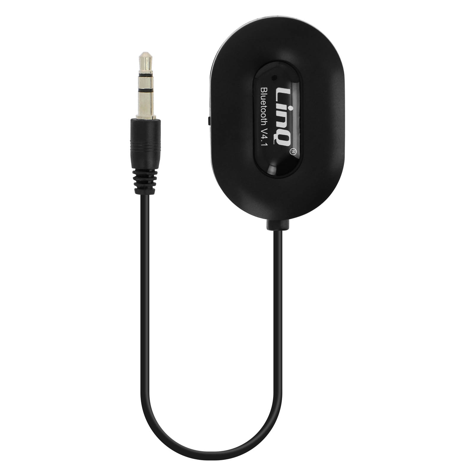 Un ricevitore Bluetooth Lino V4.1 nero con un jack da 3,5 mm.
