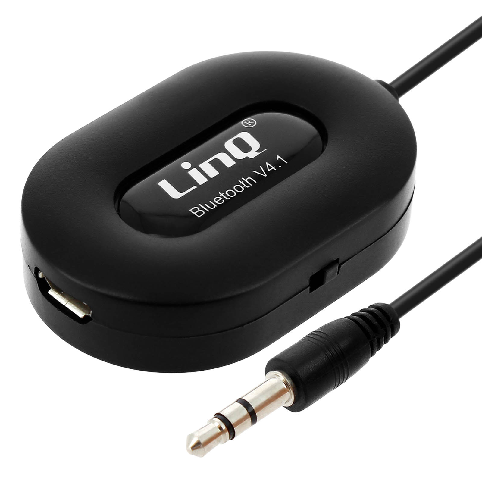 Ricevitore Bluetooth nero con USB e jack audio.
