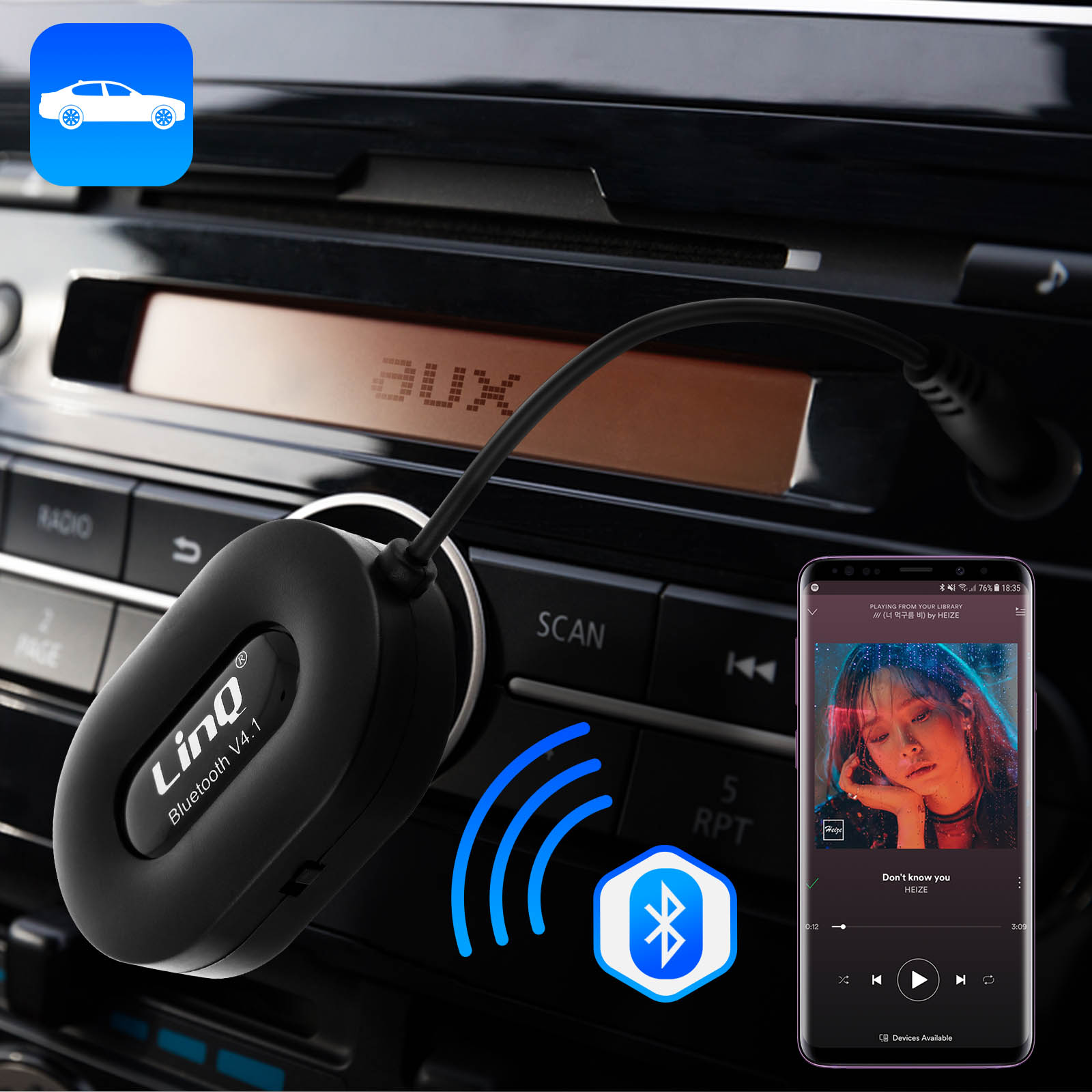 Un telefono mostra musica, un accessorio per auto è collegato all'autoradio e un logo Bluetooth è visibile.