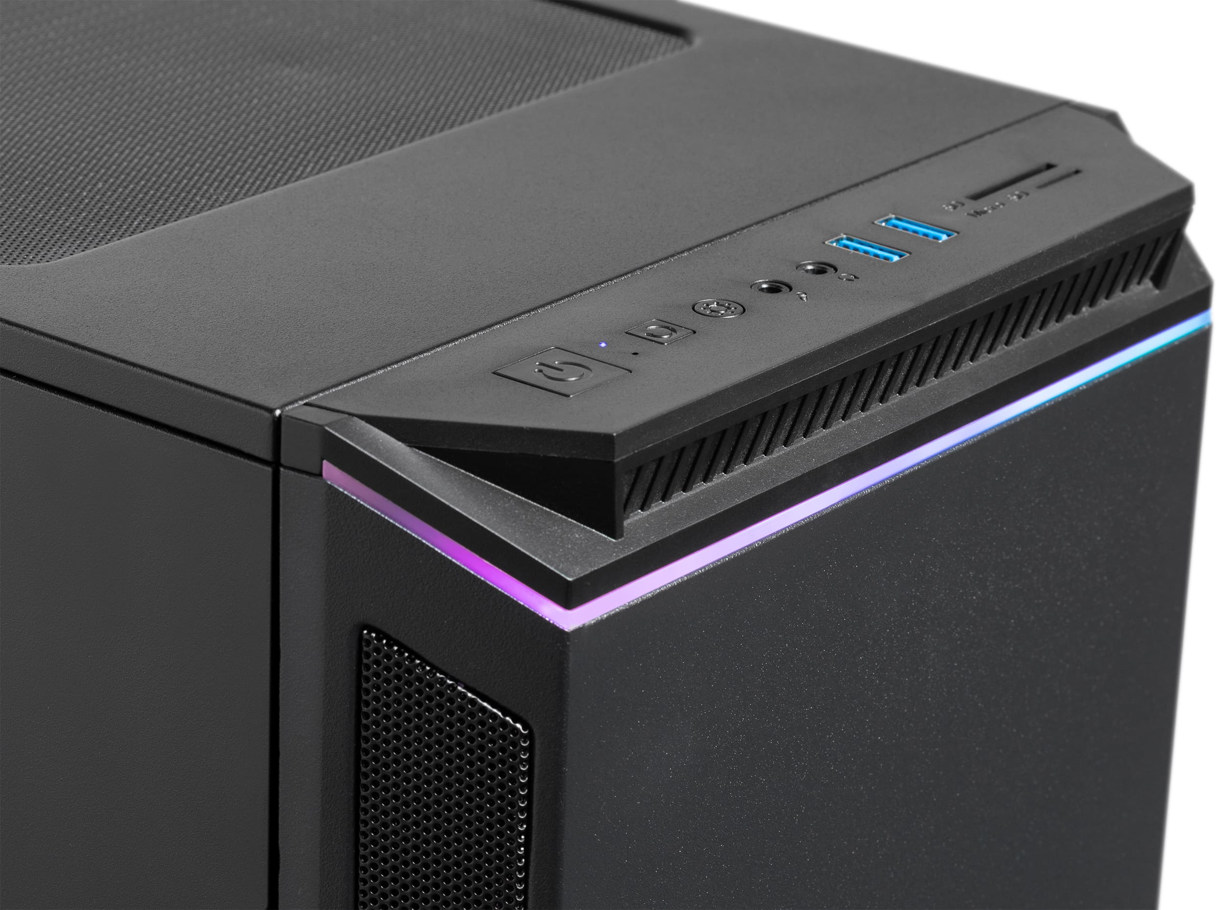 Zwarte computerkast met stroom- en USB-poorten aan de bovenkant.