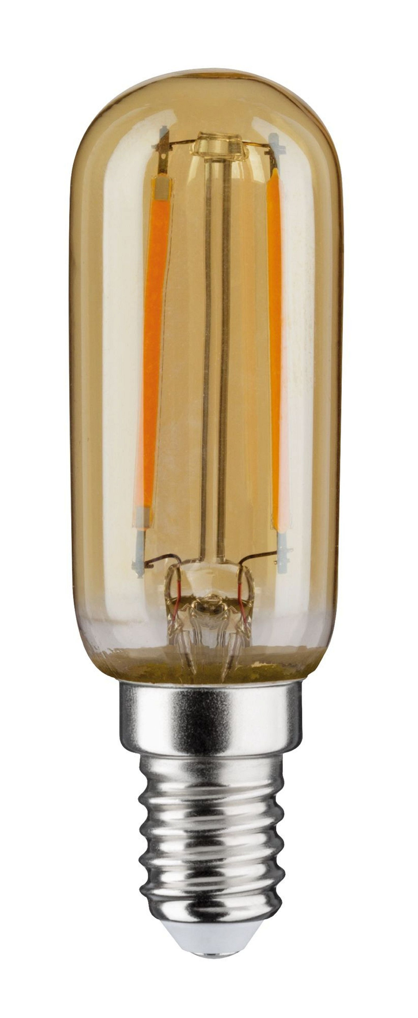 Gelblich-braune Glühbirne mit orangenen Fäden und silbernem Sockel.