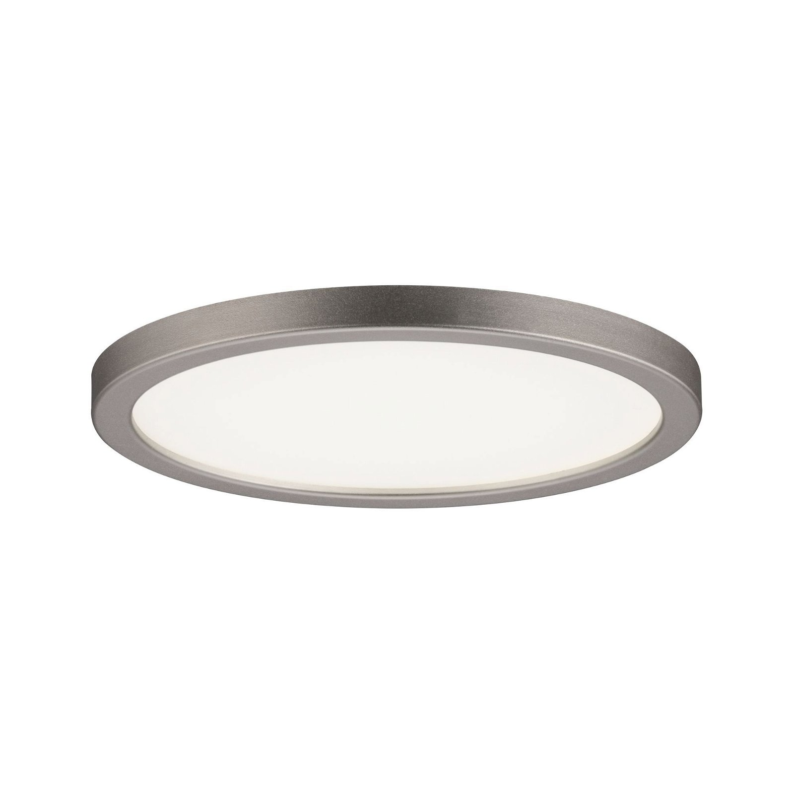 Un apparecchio di illuminazione a soffitto rotondo a filo. Bordo argentato, emissione di luce bianca.