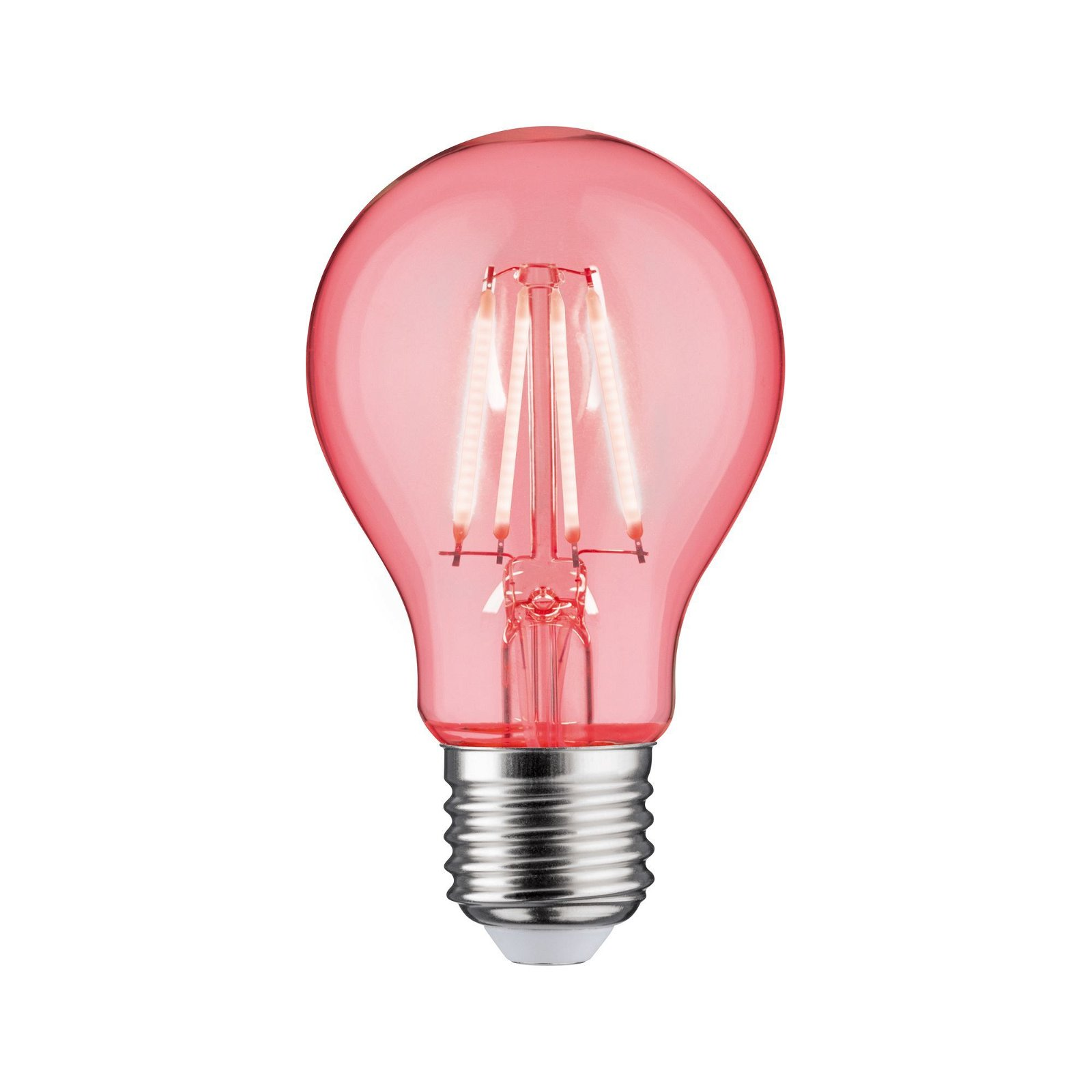 Rot getönte Glühbirne im Edison-Stil. Silberner Sockel, Glühfäden sichtbar.
