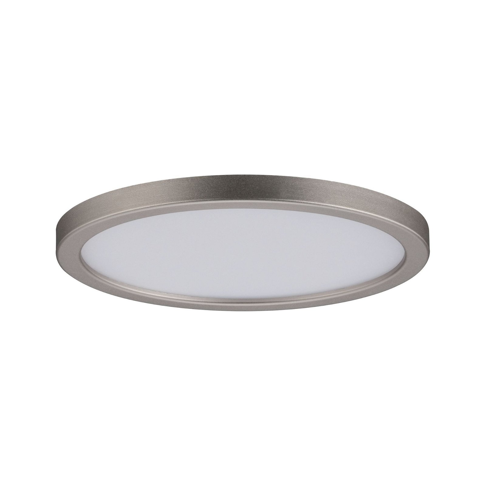 Un apparecchio di illuminazione a soffitto rotondo e argentato, design semplice, superficie di emissione della luce bianca.