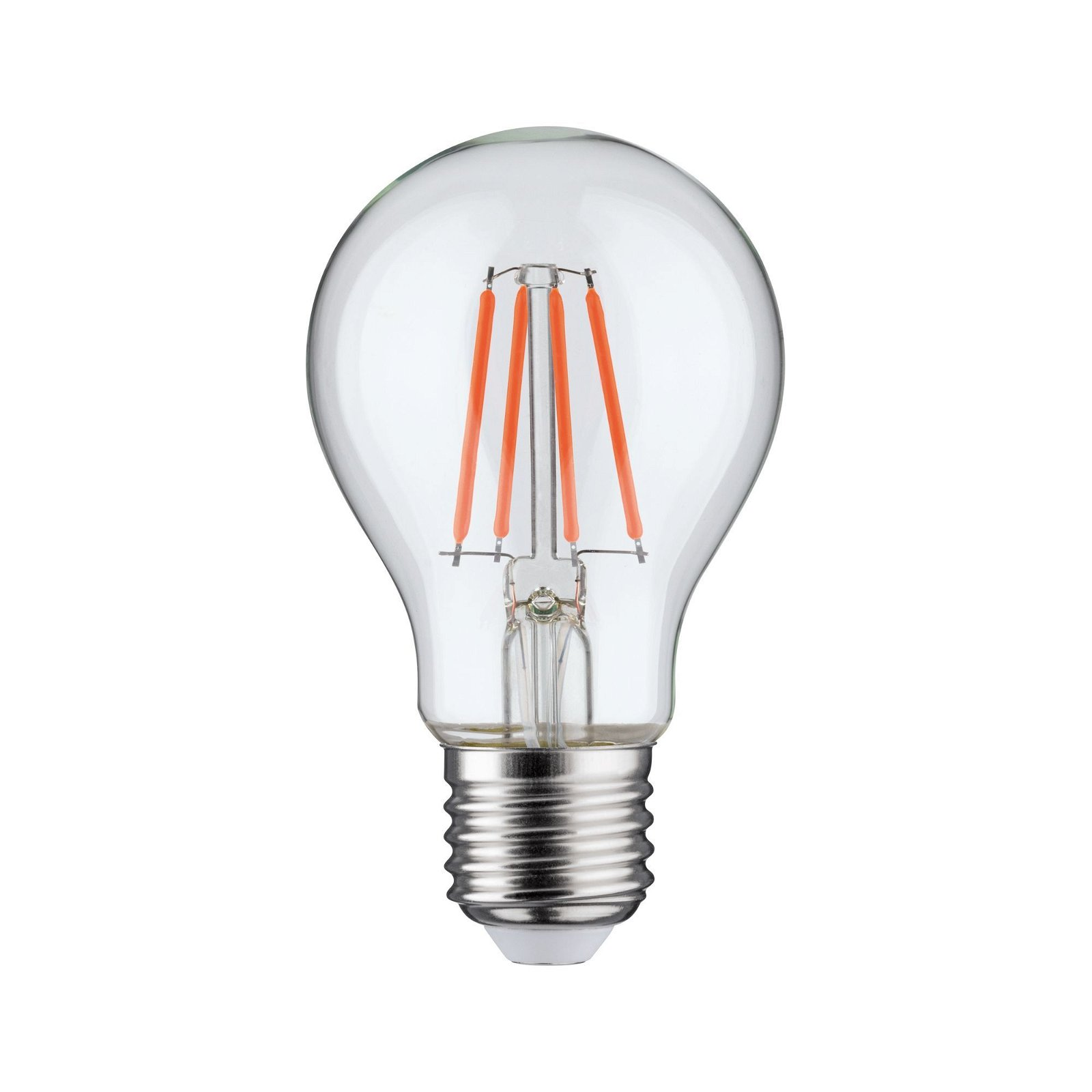 Une ampoule avec des filaments orange sur fond blanc. Le socle est argenté.