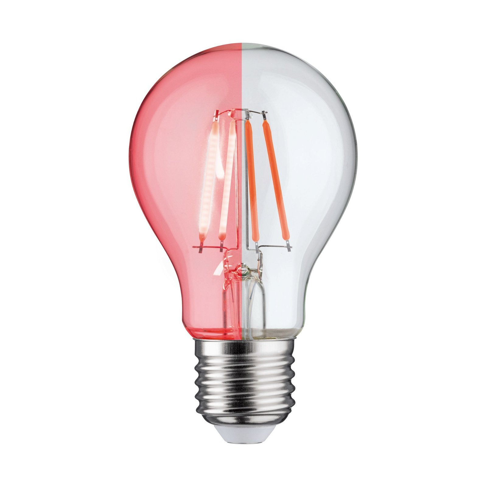 Une ampoule, moitié rouge, moitié transparente, avec des filaments visibles et une base argentée.