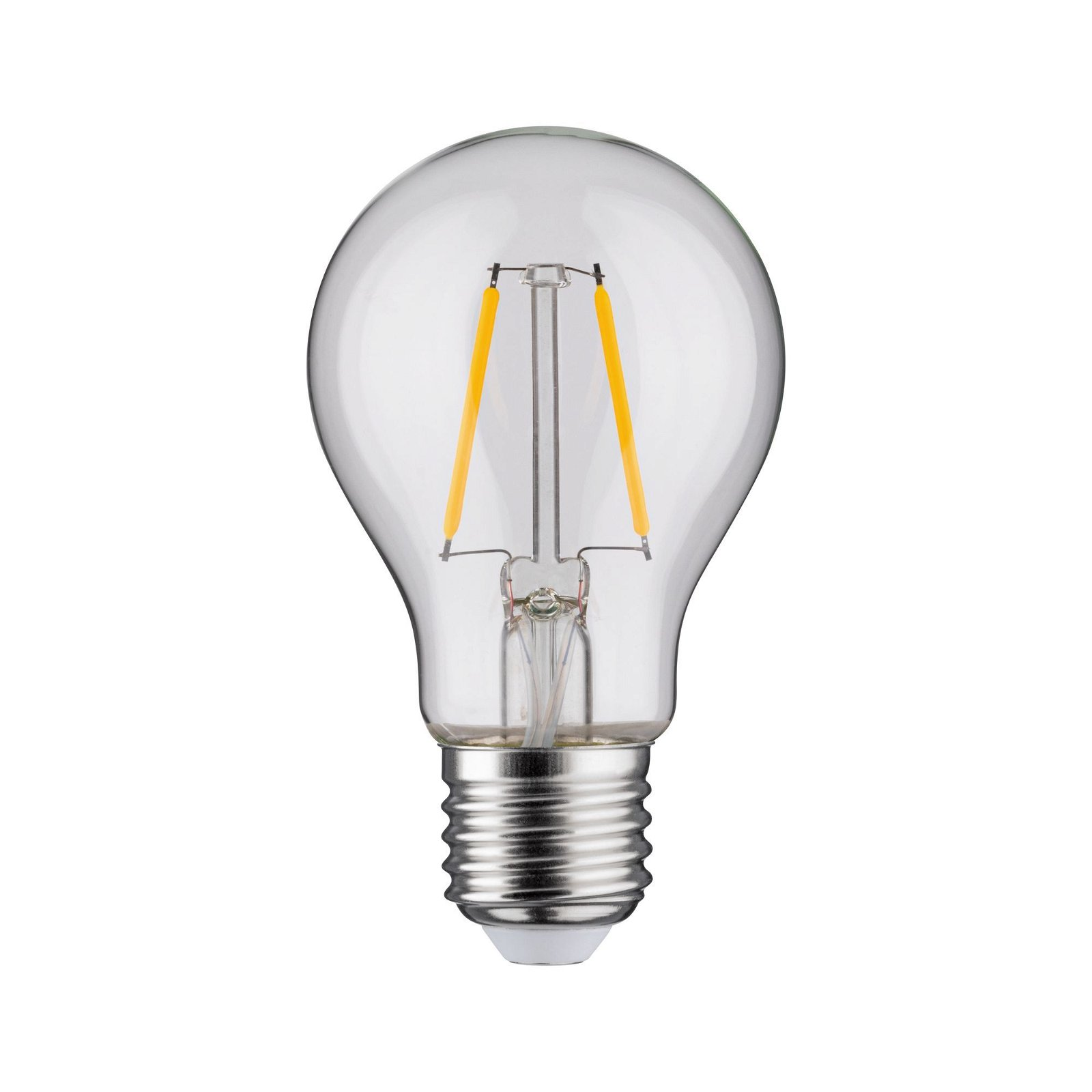 Une ampoule transparente avec deux filaments jaunes à l'intérieur, sur fond blanc.