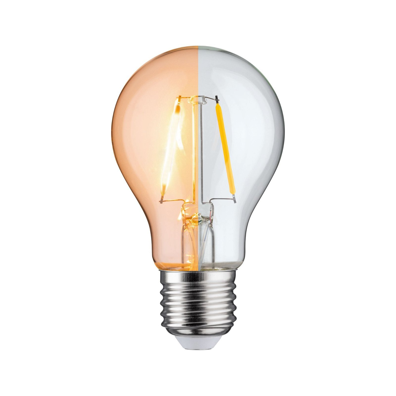 Ampoule, à moitié allumée en orange, à moitié transparente. Fond blanc.