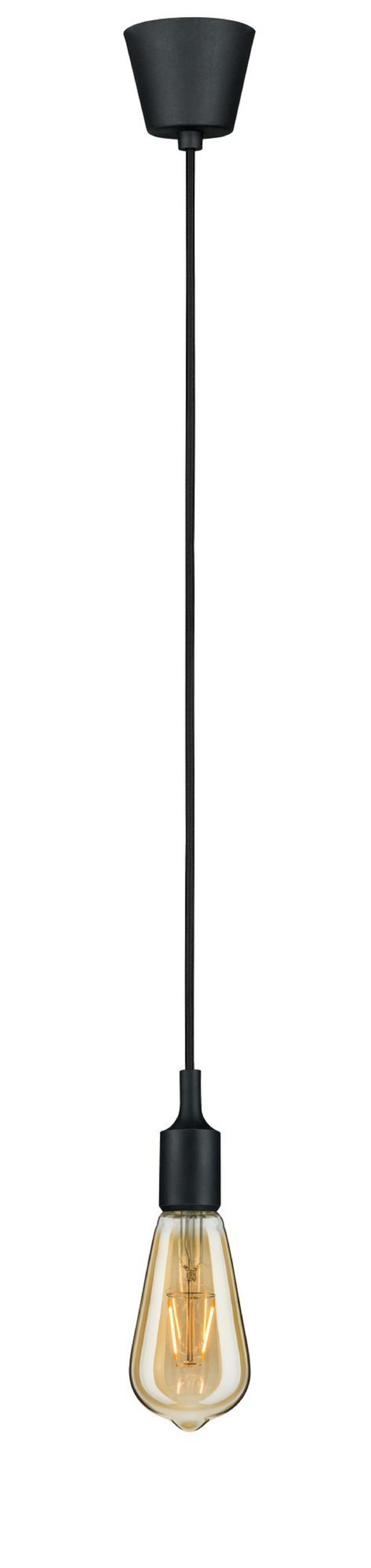 Czarna lampa wisząca z żarówką żarnikową, zwisająca z sufitu.