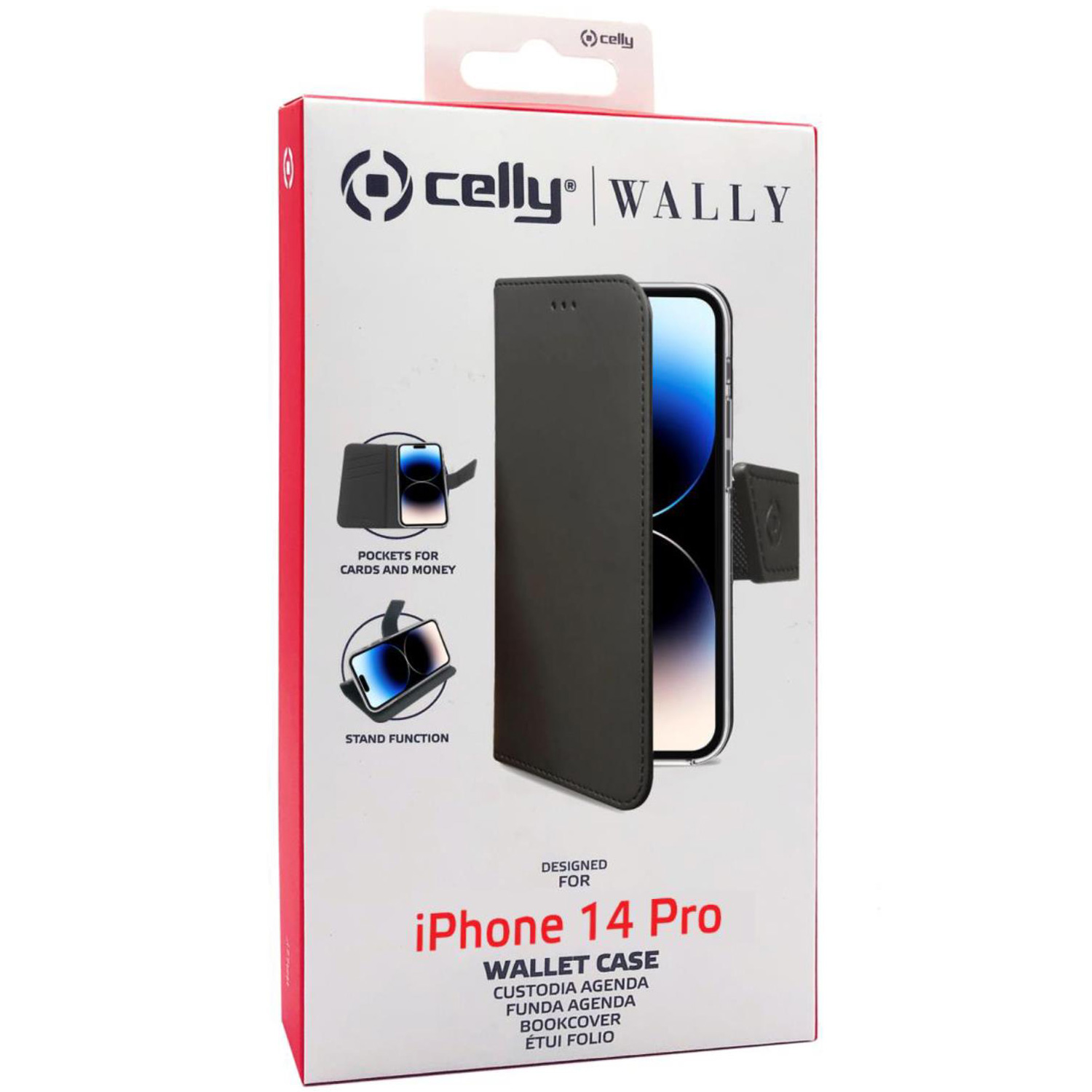 Celly Wally iPhone 14 Pro Geldbörsenhülle Verpackung. Rot und Weiß. Weißer Hintergrund.