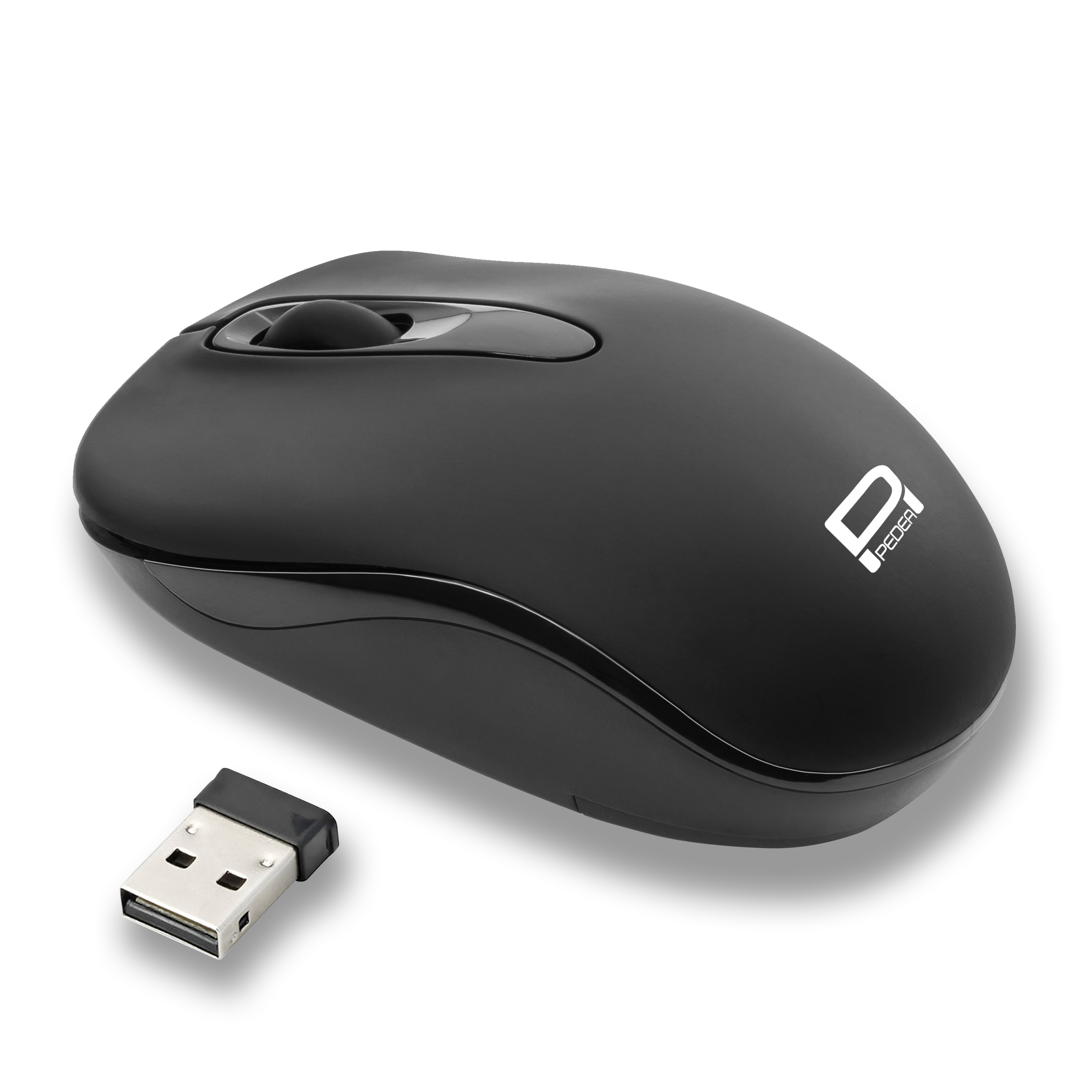Schwarze, kabellose Maus mit USB-Empfänger auf weißem Hintergrund.