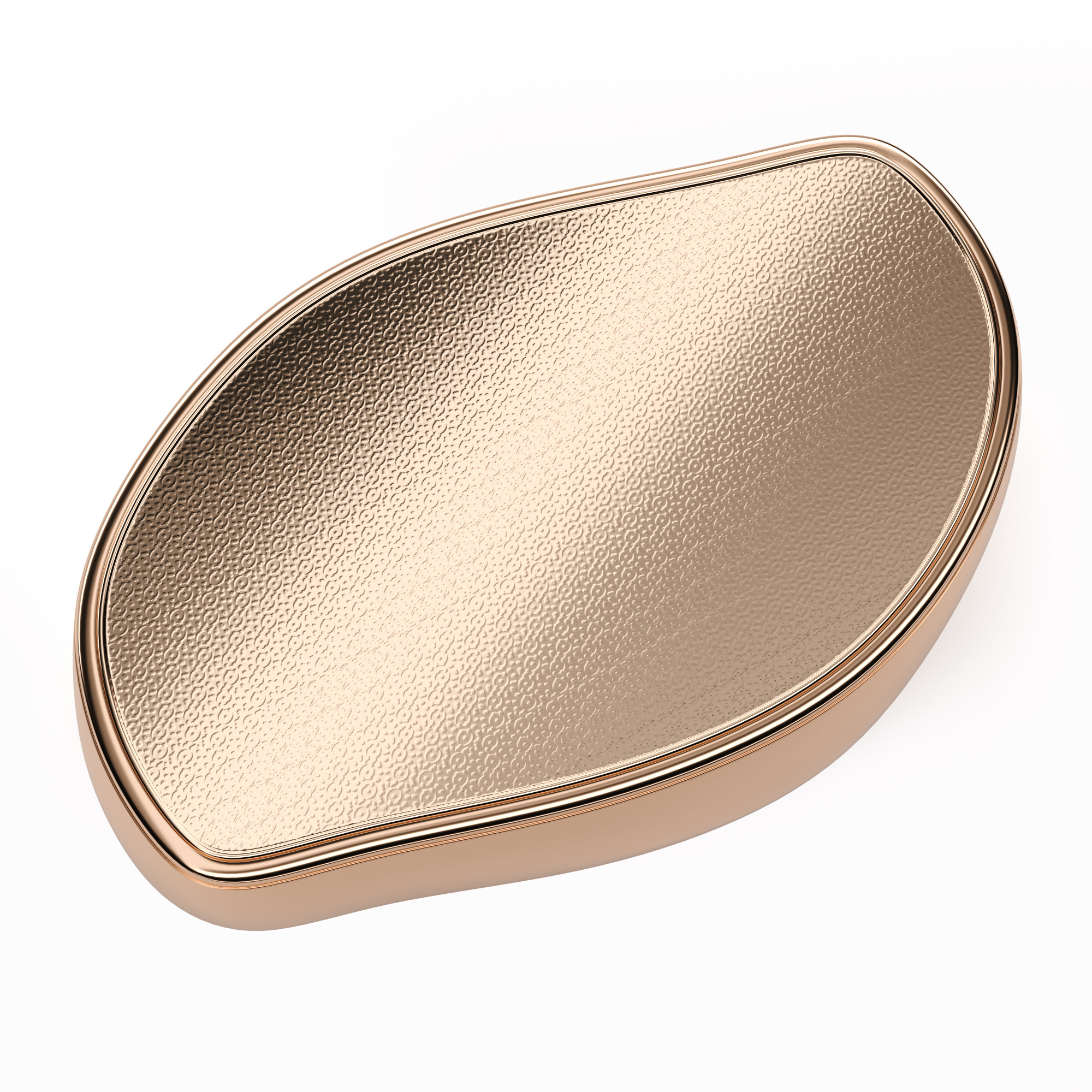 Ein roségoldfarbenes, oval geformtes Kosmetikwerkzeug mit strukturierter Oberfläche.