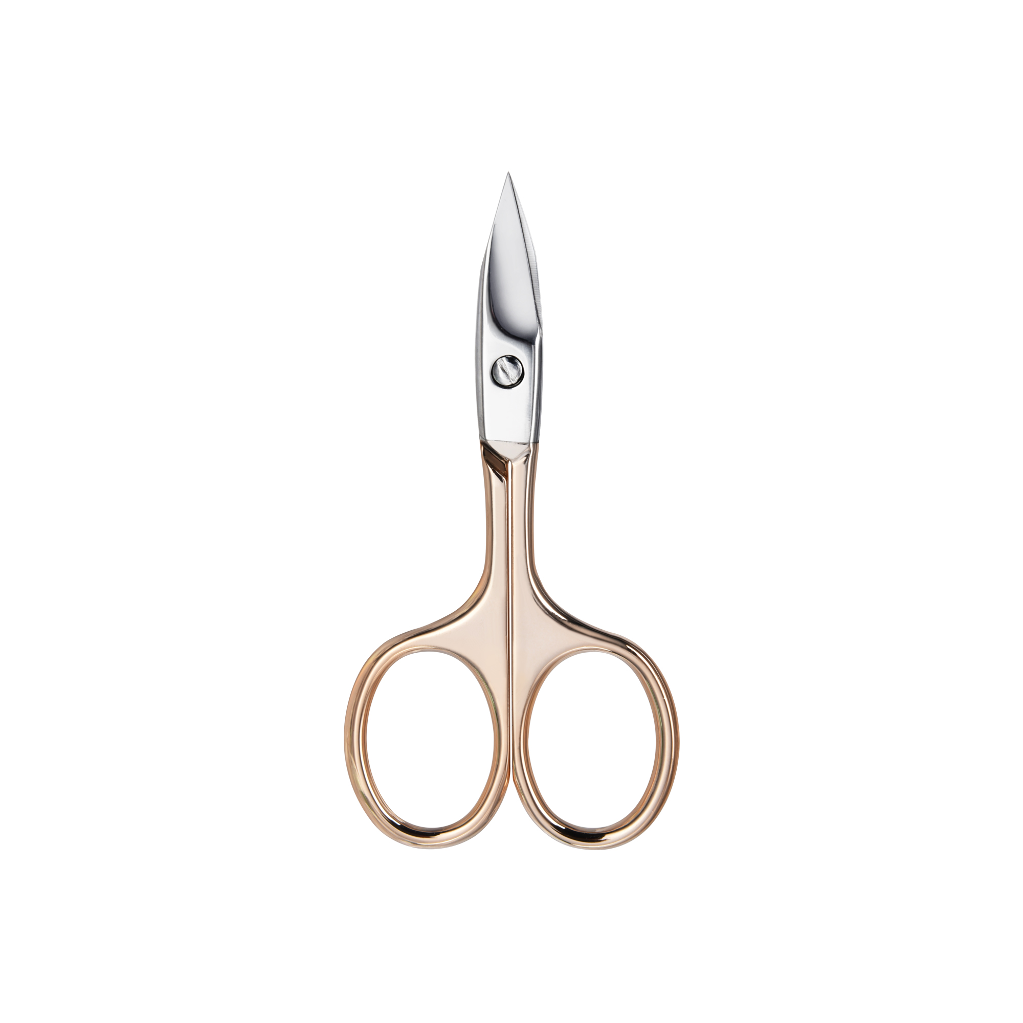 Kleine goldene Nagelschere. Geöffnet, zeigt silberne Klingen und goldene Griffe. Isoliert auf Weiß.